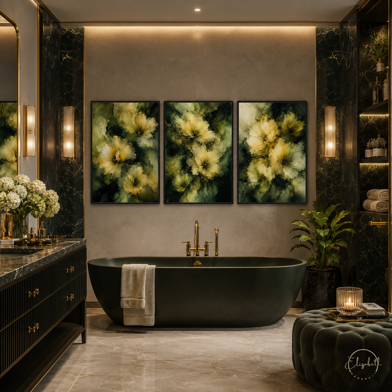 Moody Midnight Blooms set of three artwork by Elizabeth Marshall