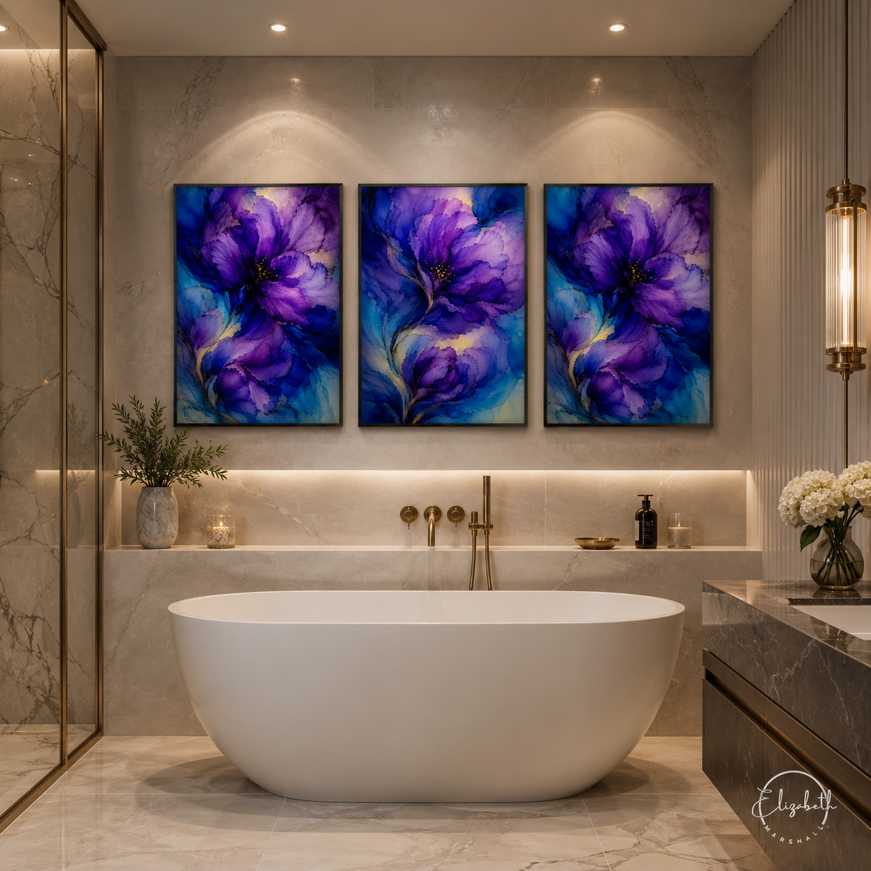 set of three moody purple artworks in a bathroom
