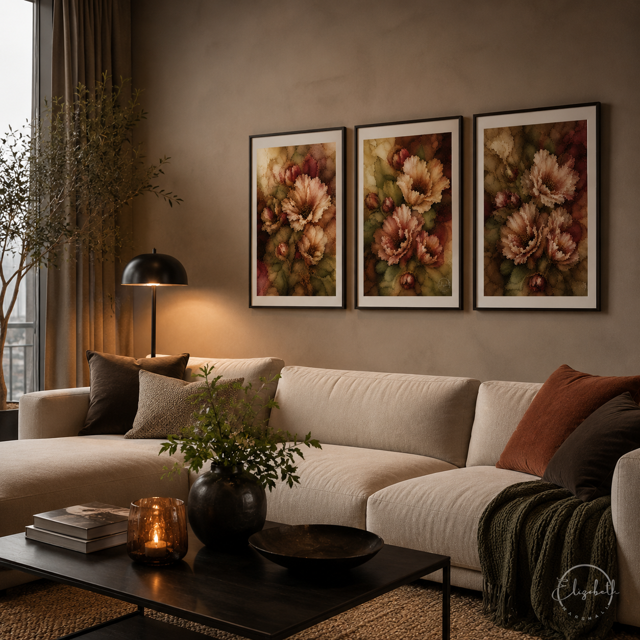 Wild Love | Moody Florals | Olive Smokey Plum Cream | Giclee Fine Art Print