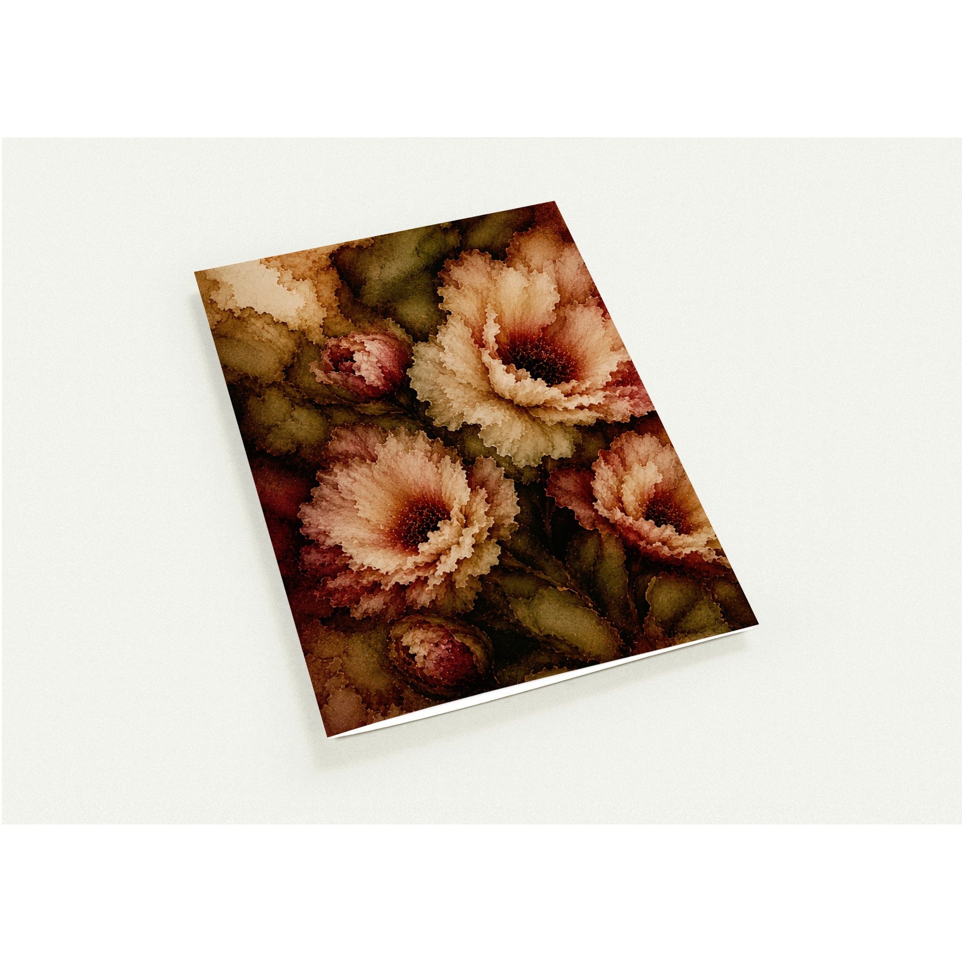 A note card with a detailed cover print of large flowers in warm earthy tones, shown at an angle on a light off-white background.

Ten note cards that feel like a tiny gallery in an envelope. Rich, moody florals, deep jewel tones, and the kind of lush, layered colour that makes a handwritten note feel like a gift before it's even opened. These are the cards for people who believe that stationery should be as beautiful as the words inside.