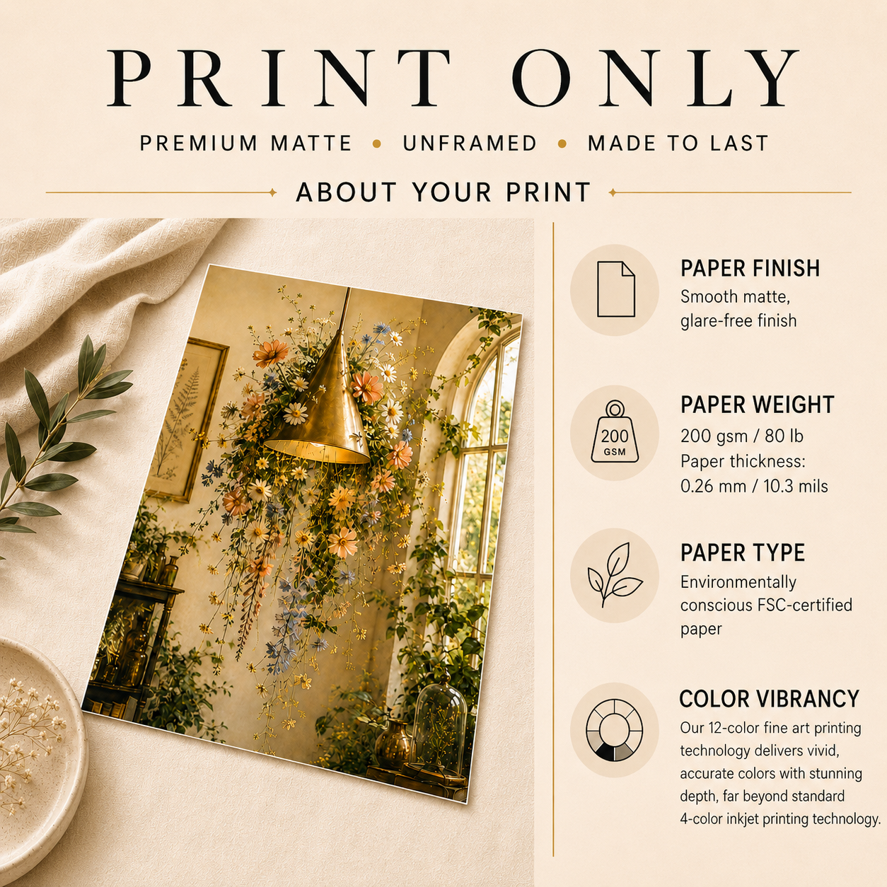 A graphic for a art print with text reading 'PRINT ONLY' and details about paper finish, weight, type, and color vibrancy. The left side shows a styled mockup of a vertical floral art print with a gold pendant light and climbing flowers.