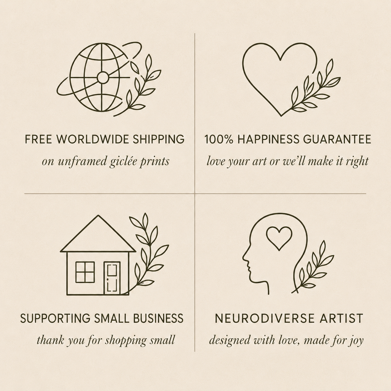 A graphic with four outlined icons and text: a globe with 'FREE WORLDWIDE SHIPPING on unframed giclée prints,' a heart with '100% HAPPINESS GUARANTEE love your art or we'll make it right,' a house with 'SUPPORTING SMALL BUSINESS thank you for shopping small,' and a side-profile head with a heart in the brain and 'NEURODIVERSE ARTIST designed with love, made for joy.'.