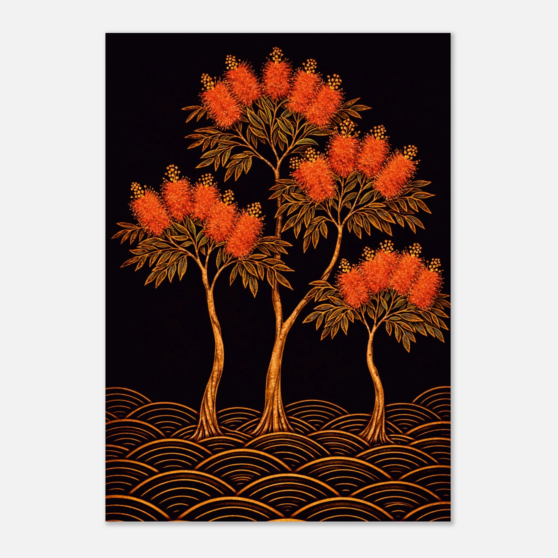 A vertical art print featuring three stylized bottlebrush trees with dense flower clusters against a solid black background, with gold wave-like patterns along the bottom. The print is shown centered on a light gray background.