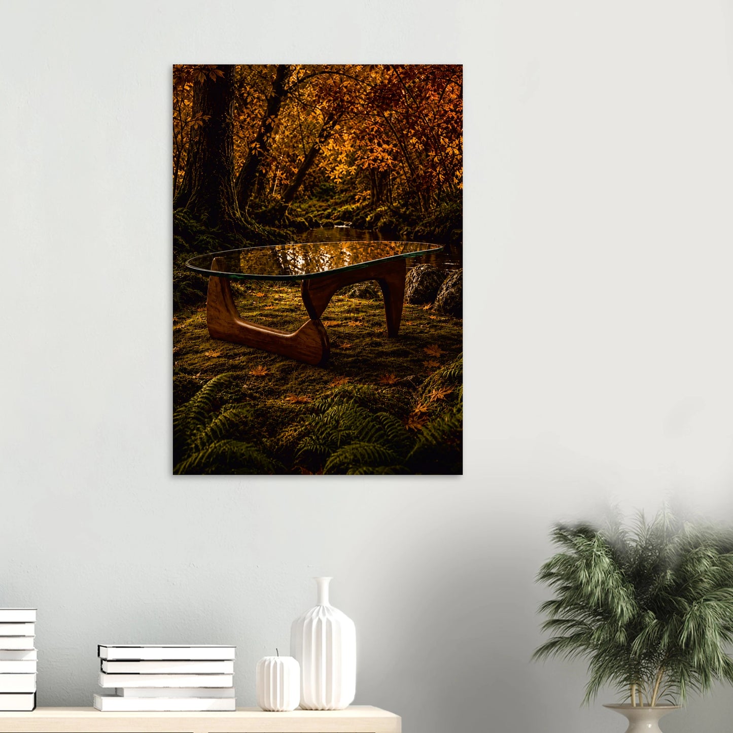 Noguchi-inspired coffee table in a moody autumnal forest. Amber and burnt orange giclee print inspired by original designs. 200gsm FSC paper. Ships worldwide.