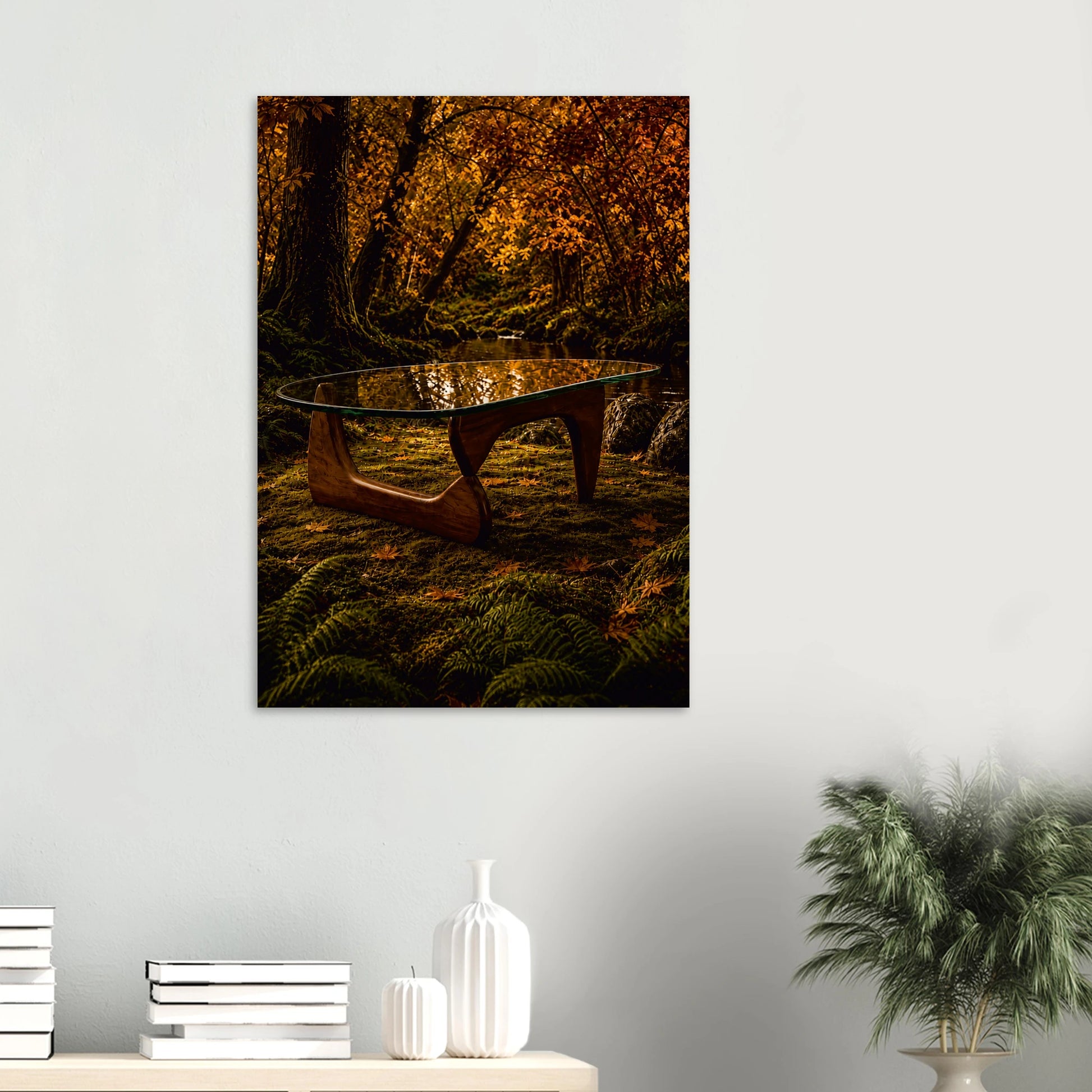 Noguchi-inspired coffee table in a moody autumnal forest. Amber and burnt orange giclee print inspired by original designs. 200gsm FSC paper. Ships worldwide.