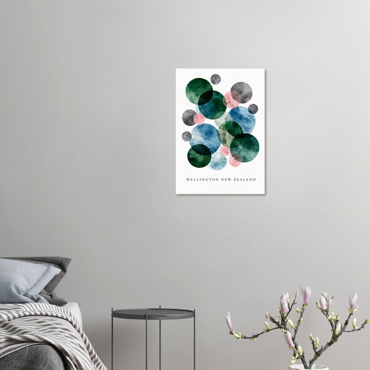 Abstract giclee print inspired by Wellington NZ. Deep teal, ocean blue & blush pink. Printed on 200gsm FSC paper. Ships worldwide.