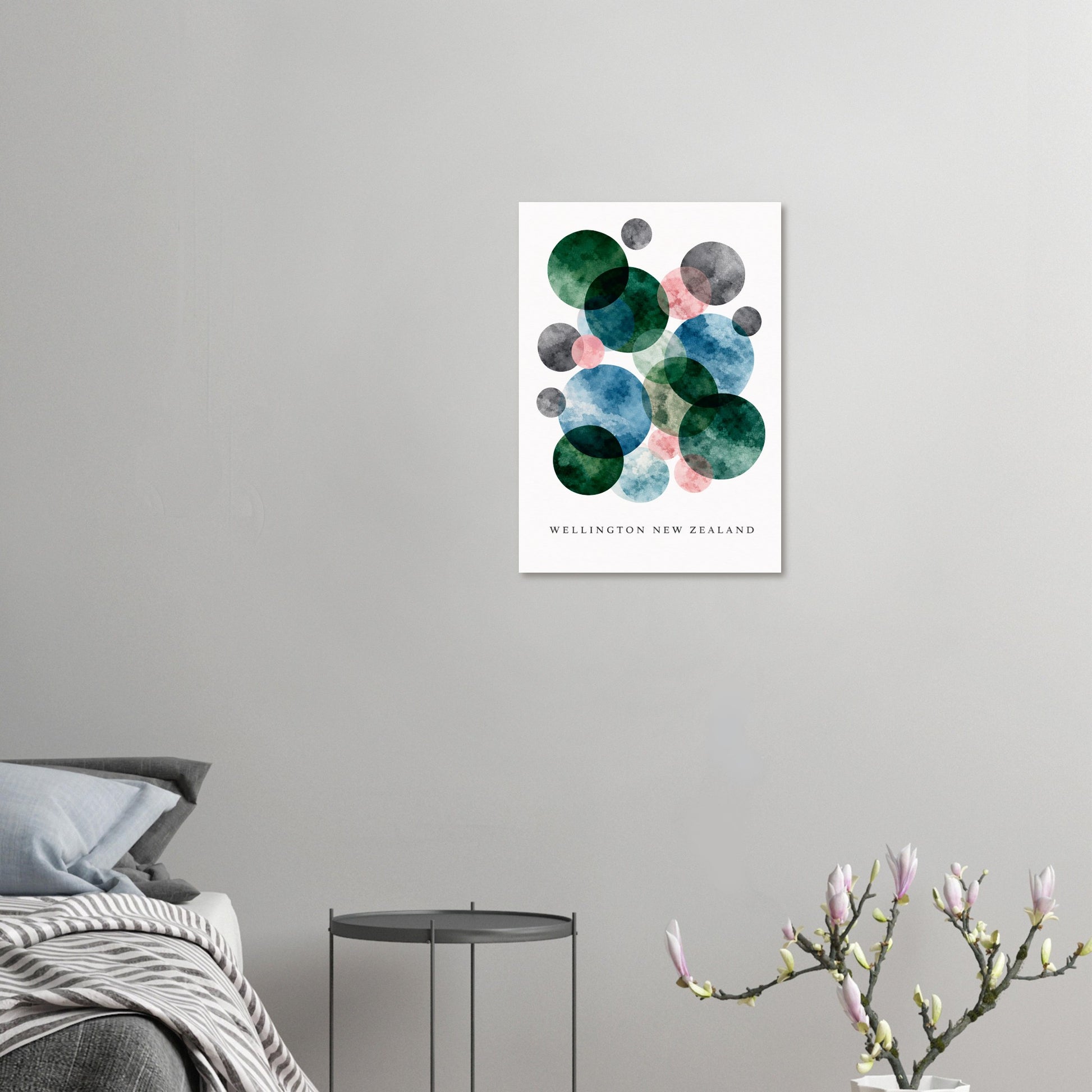Abstract giclee print inspired by Wellington NZ. Deep teal, ocean blue & blush pink. Printed on 200gsm FSC paper. Ships worldwide.