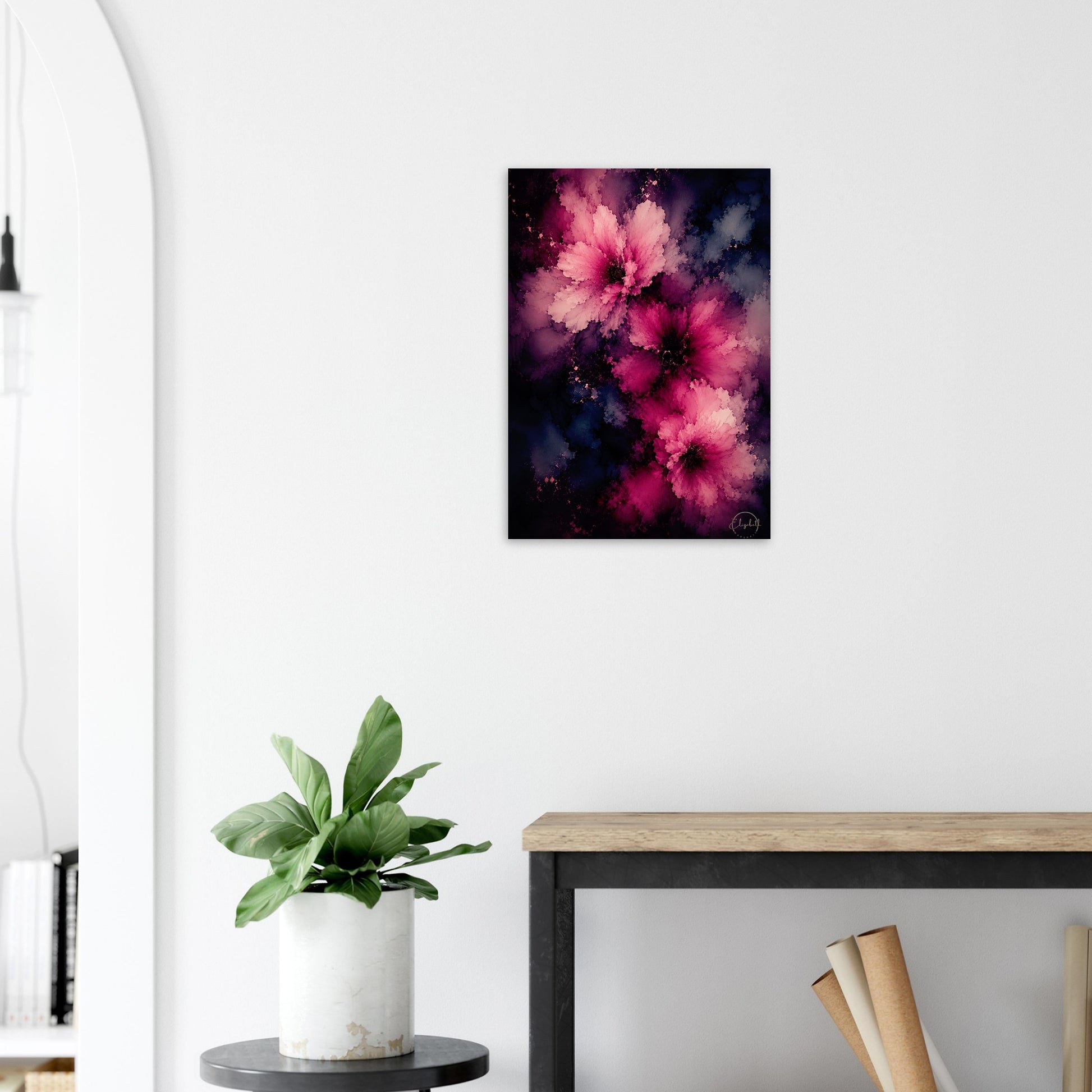 This is what happens when colour goes deep and stays there. Love Deepens is a moody floral giclee print with rich mulberry and dusty rose blooms rising through midnight blue, deep indigo, and soft charcoal, the petals velvety and luminous against the dark, layered depths beneath. It has the intimacy of a painting you want to get close to and the presence of a piece that changes the feeling of a room the moment it goes on the wall.