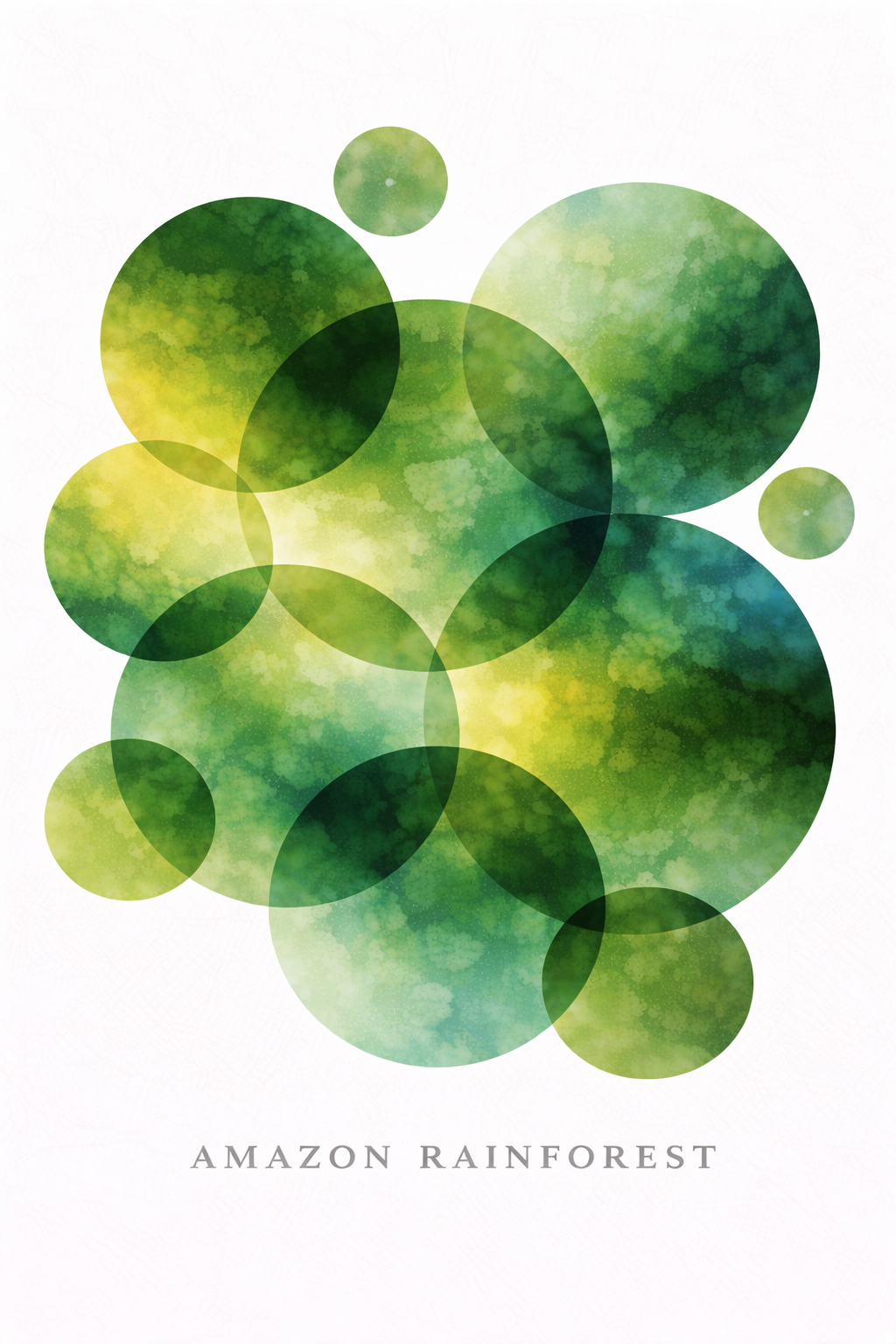 Watercolor-style art print featuring overlapping translucent green and yellow-green circles on a white background, with the text 'AMAZON RAINFOREST' centered below.