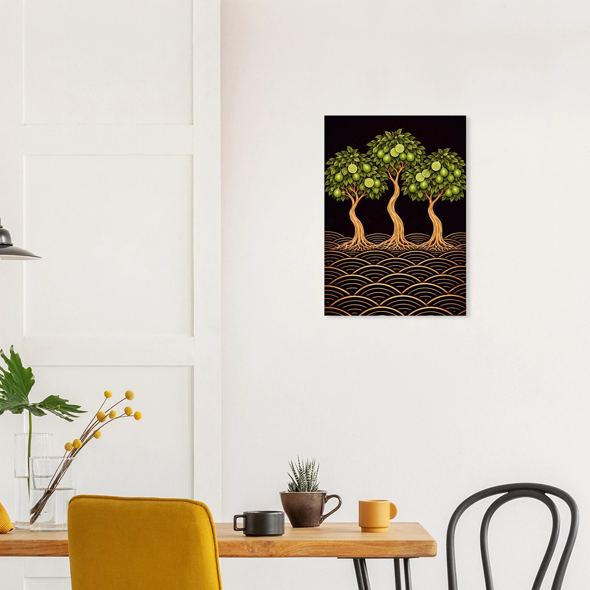A Japanese-inspired lime tree giclée print in green, gold and black.