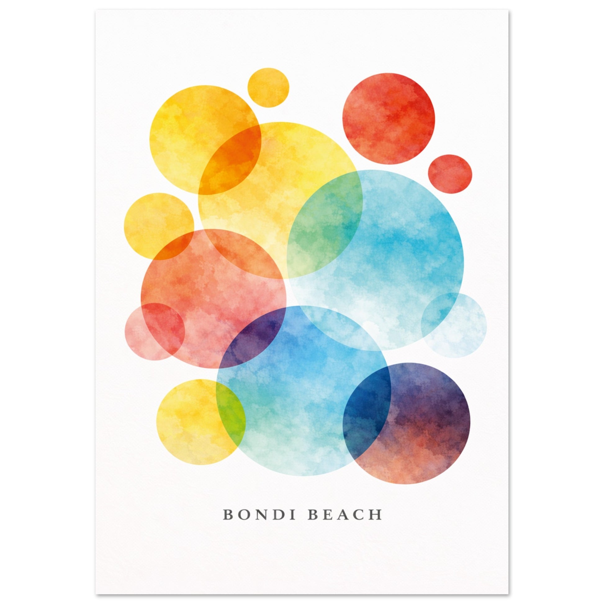 A vertical art print featuring overlapping watercolor circles in yellow, orange, red, green, blue, and purple on a white background, with the text 'BONDI BEACH' printed below.