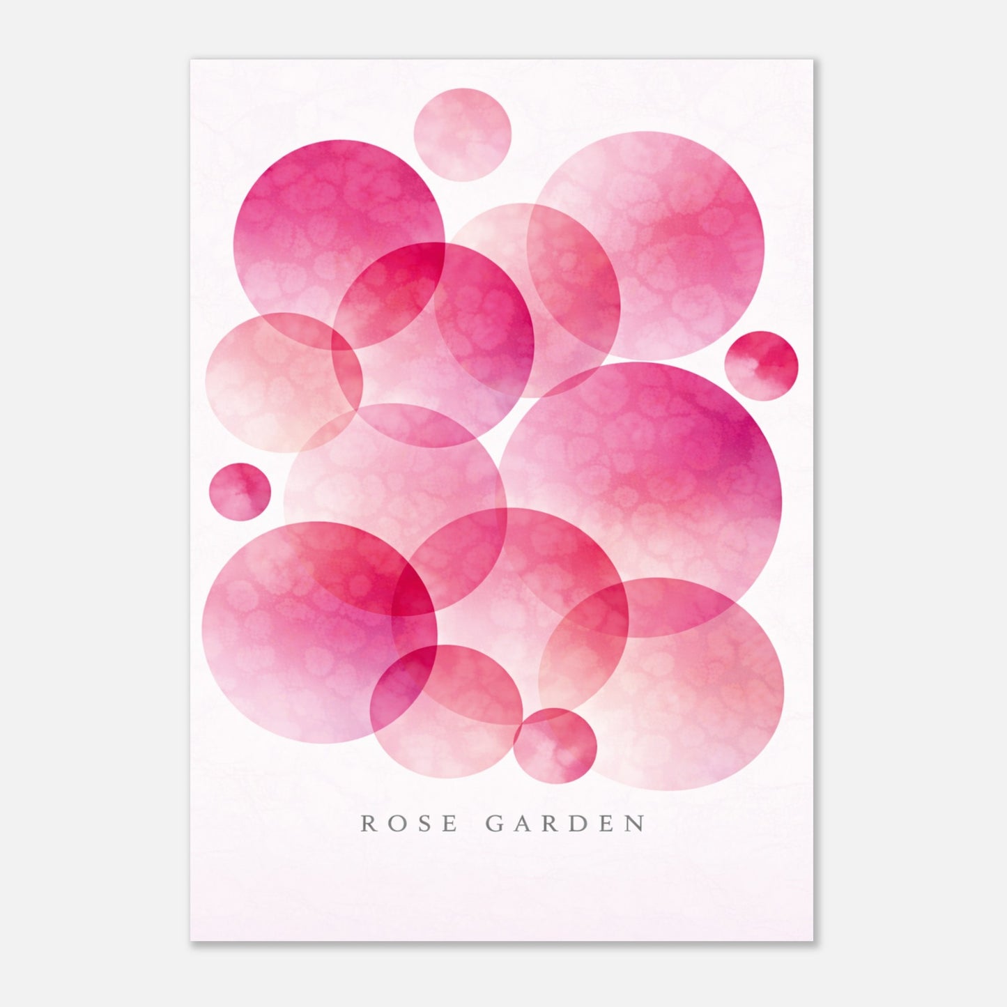 A vertical art print featuring overlapping translucent pink watercolor circles on a white background, with the text 'ROSE GARDEN' printed near the bottom.