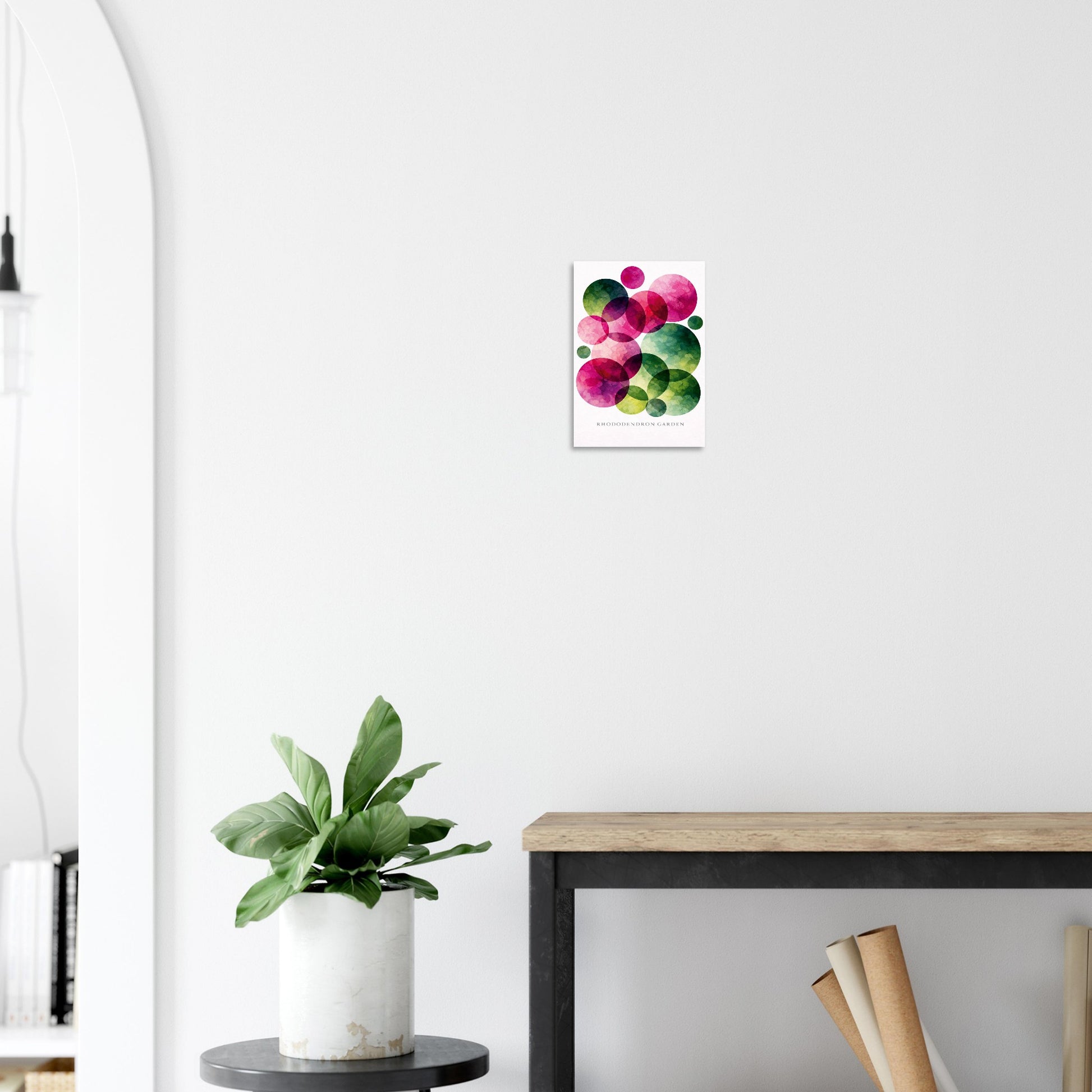 Abstract giclee print inspired by rhododendron gardens in full bloom. Deep magenta, hot pink & forest green A4