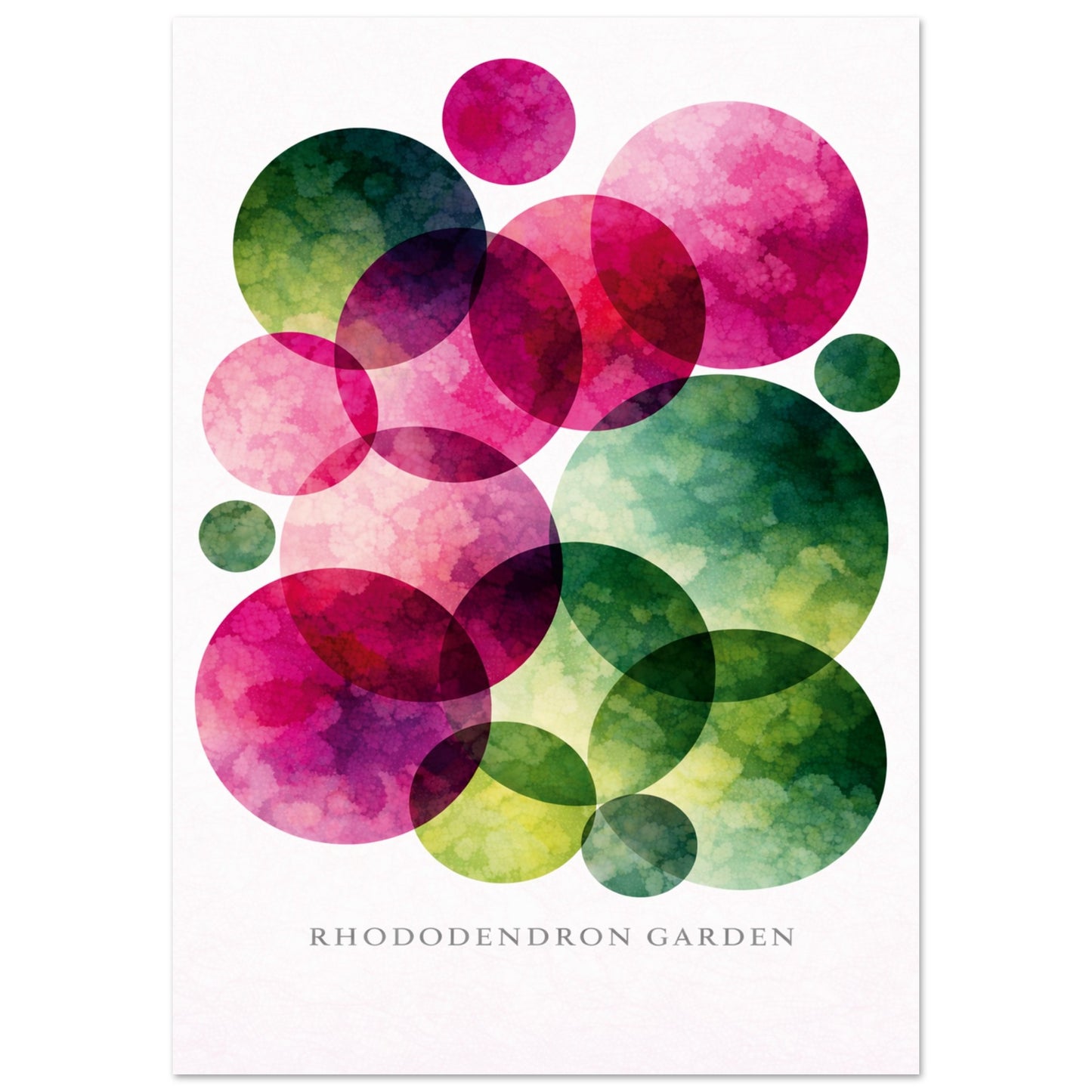 A vertical art print featuring overlapping translucent watercolor circles in shades of pink, magenta, green, and yellow on a white background, with the text 'RHODODENDRON GARDEN' printed at the bottom.