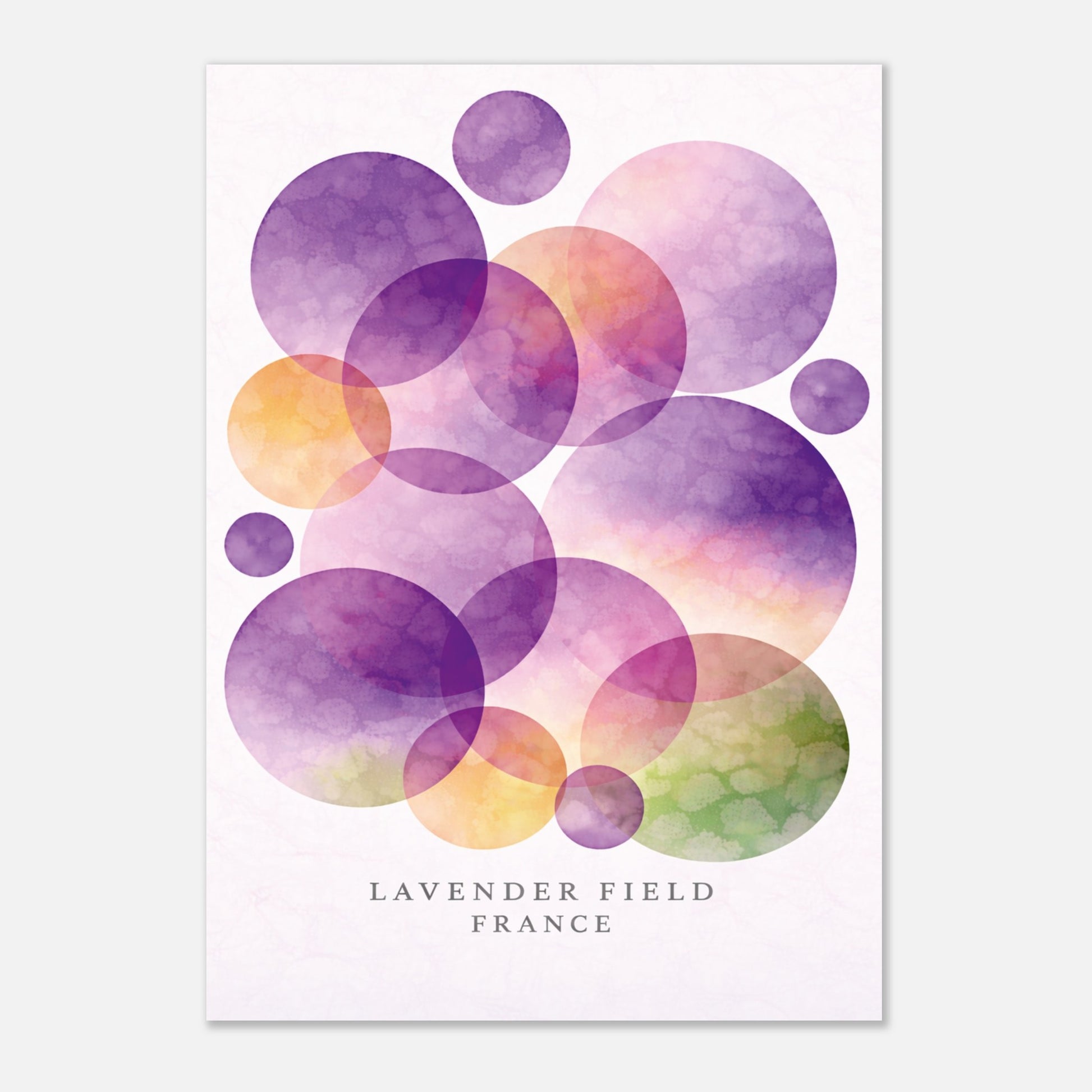 A vertical art print featuring overlapping watercolor circles in lavender, purple, pink, orange, and green on a white background, with the text 'LAVENDER FIELD FRANCE' printed at the bottom.