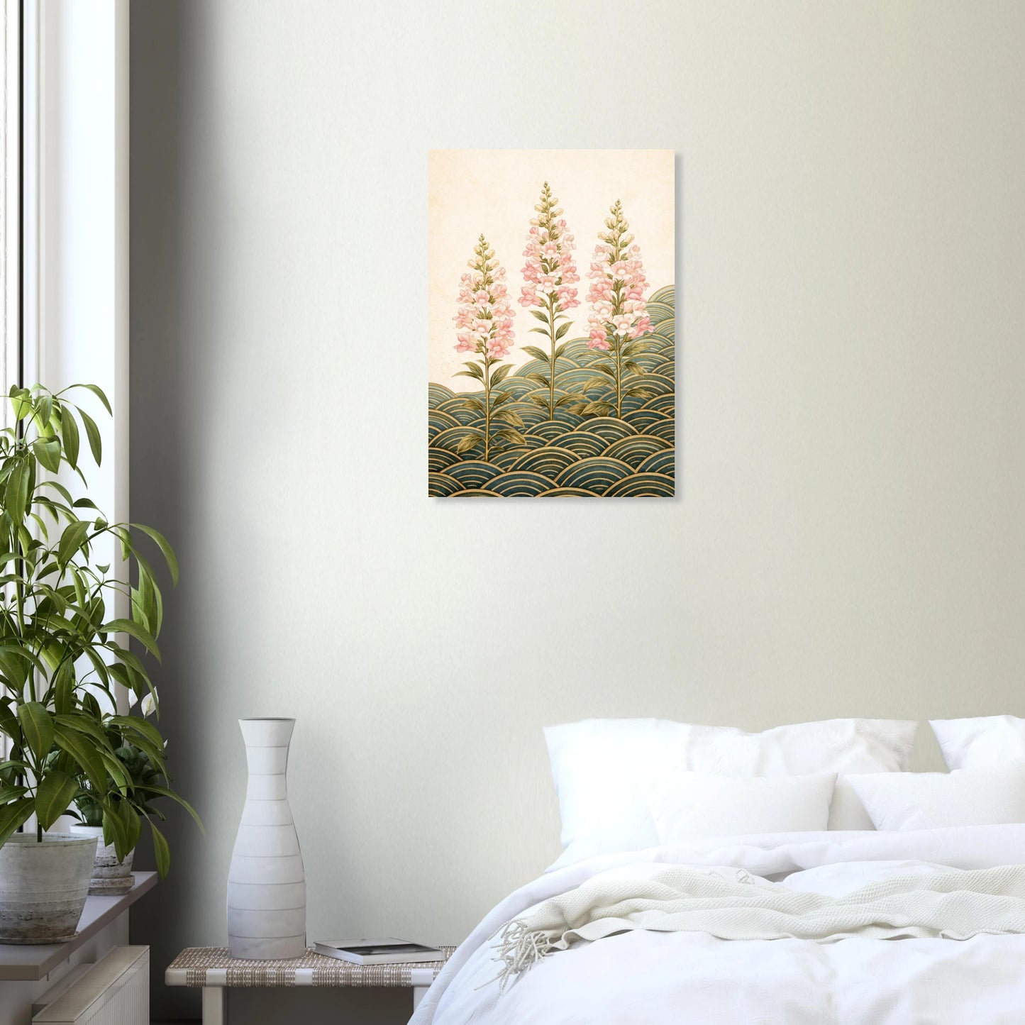A vertical wall art print featuring three pink flower spikes above gold and green wave patterns, displayed on a light beige wall above a bed in a styled bedroom setting.
