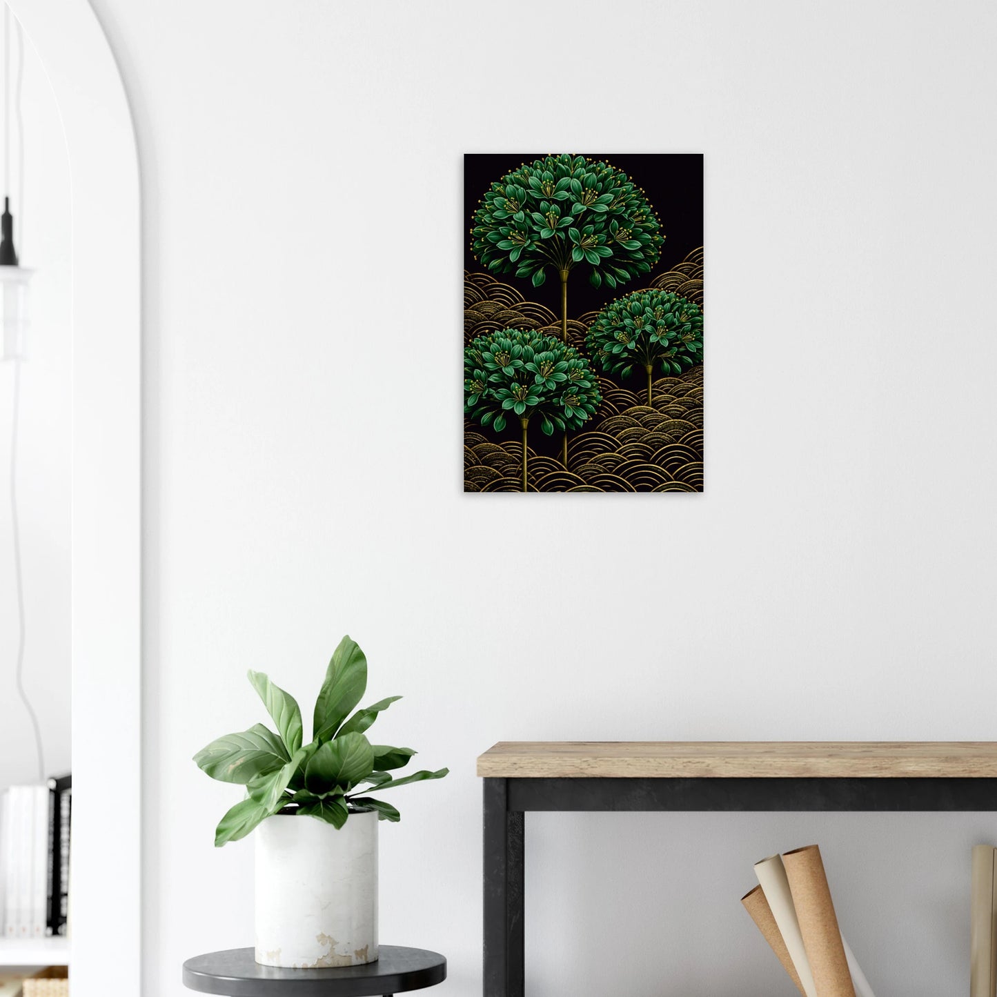 Agapanthus Come Out to Play takes four sculptural agapanthus that rise from a field of golden seigaiha waves, their globe-shaped heads dense with deep emerald foliage, their gold stems catching the light against a deep dark ground. There is something quietly joyful about this print, architectural and considered, but with a sense of life and movement that makes it impossible to ignore.