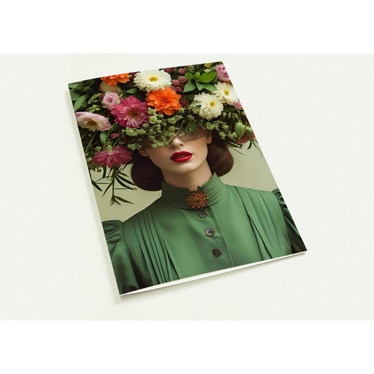 art cards featuring a vintage floral portrait. Pack of 10, 350gsm silk, blank inside with envelopes. By NZ artist Elizabeth Marshall.