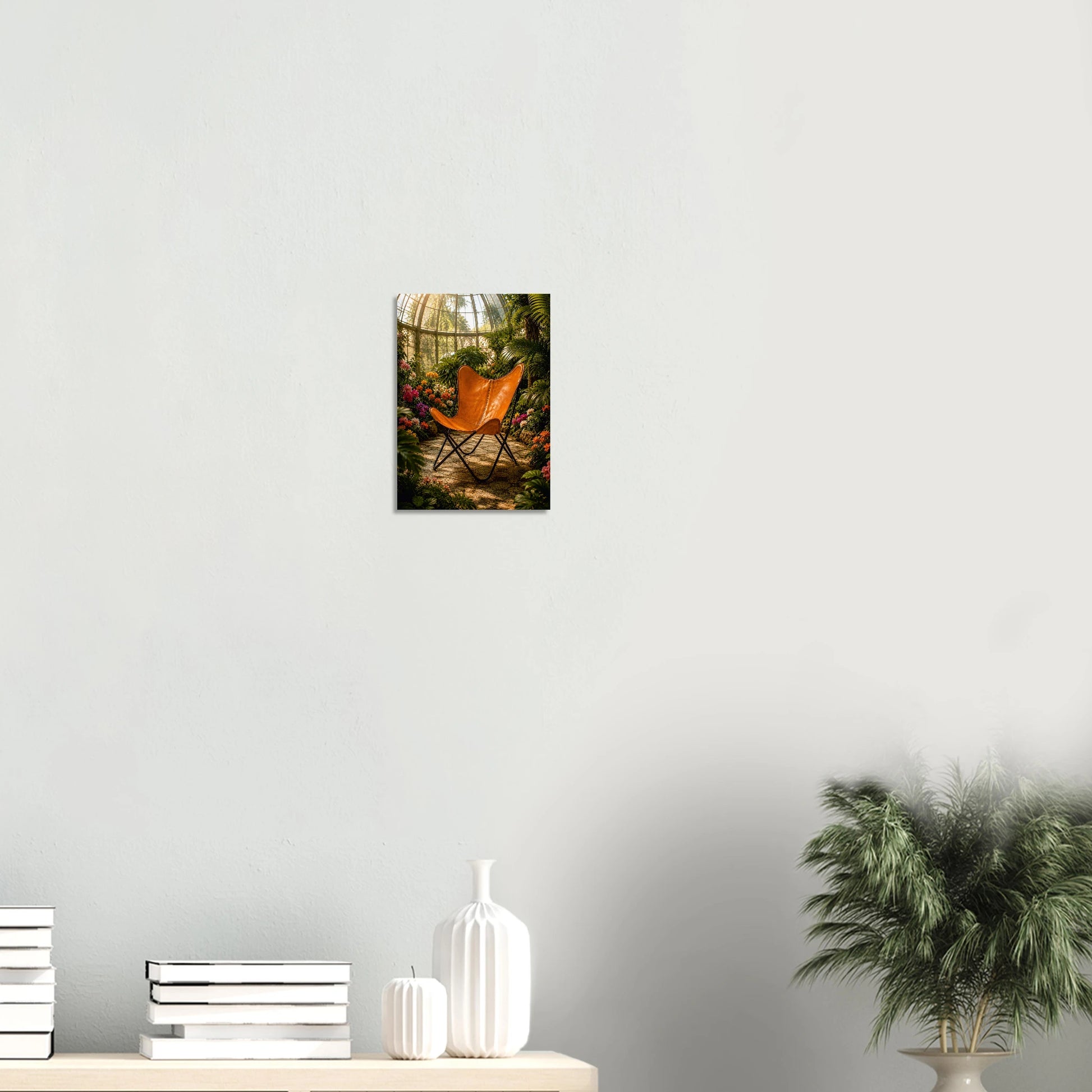 Iconic BKF butterfly chair in a sun-drenched glasshouse. Warm botanical giclee print inspired by original designs. 200gsm FSC paper. Ships worldwide.