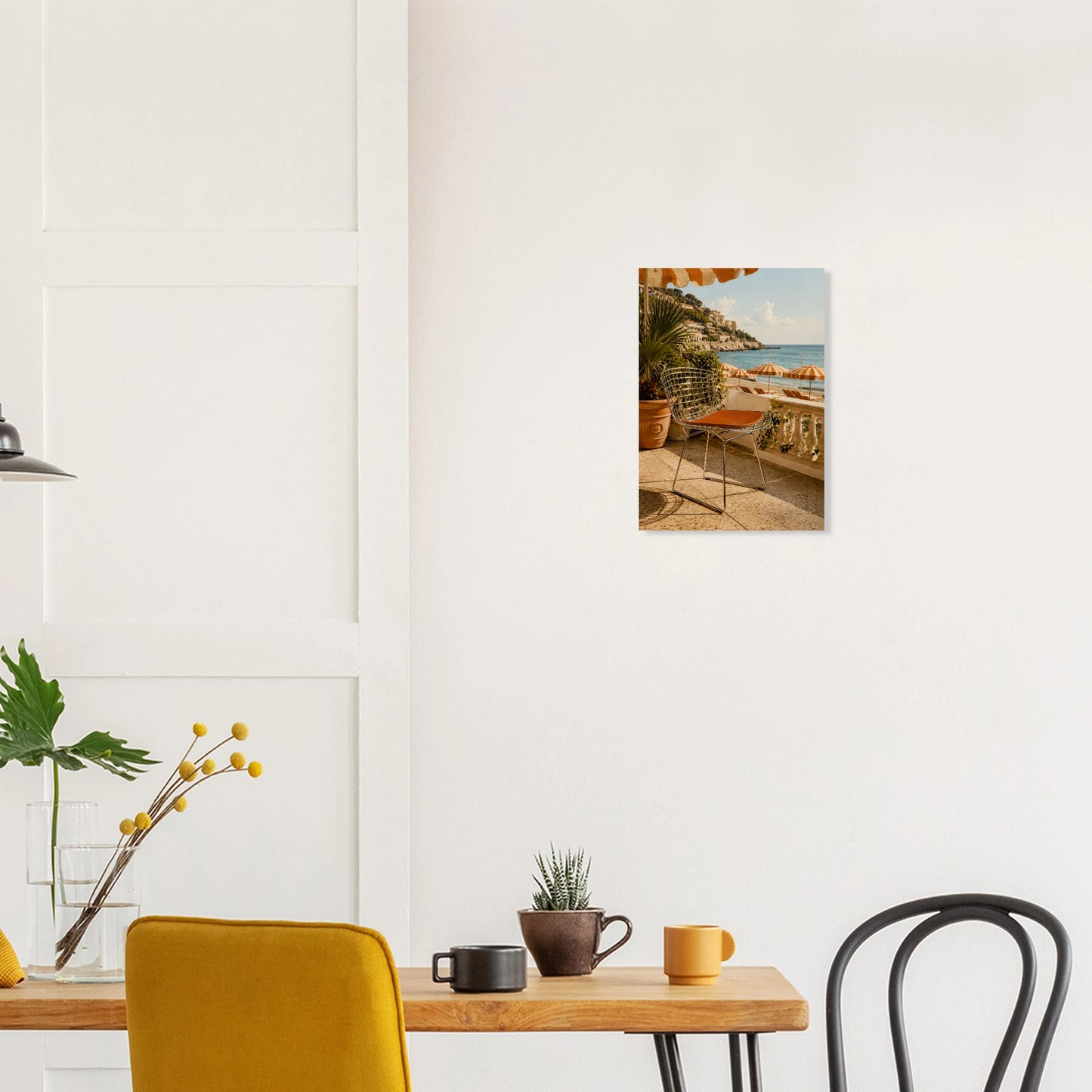 Bertoia-inspired wire chair on a sun-drenched Amalfi Coast terrace. Warm coastal giclee print inspired by original designs. 200gsm FSC paper. Ships worldwide.