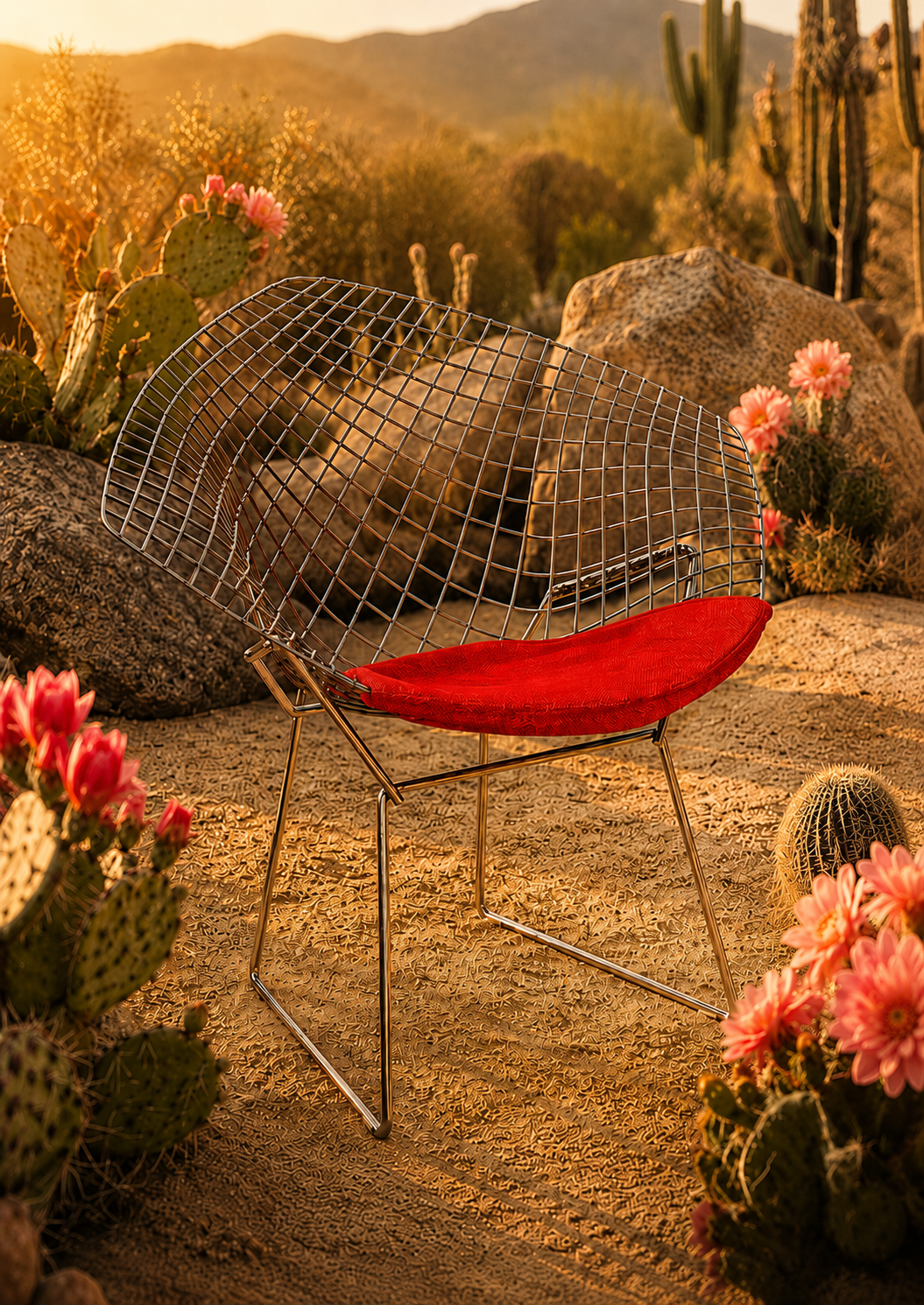 A wireframe metal chair with a bright red seat cushion is placed outdoors in a desert garden setting with cacti, rocks, and mountains in the background during golden hour.

A Diamond in the Desert places an icon exactly where it has no business being, and makes it look completely at home. A Bertoia Diamond Chair-inspired form, its wire-grid shell catching the last of the desert light, sits among saguaro cacti and flowering prickly pear in a landscape of burnt amber, terracotta and deep dusty gold. The red s