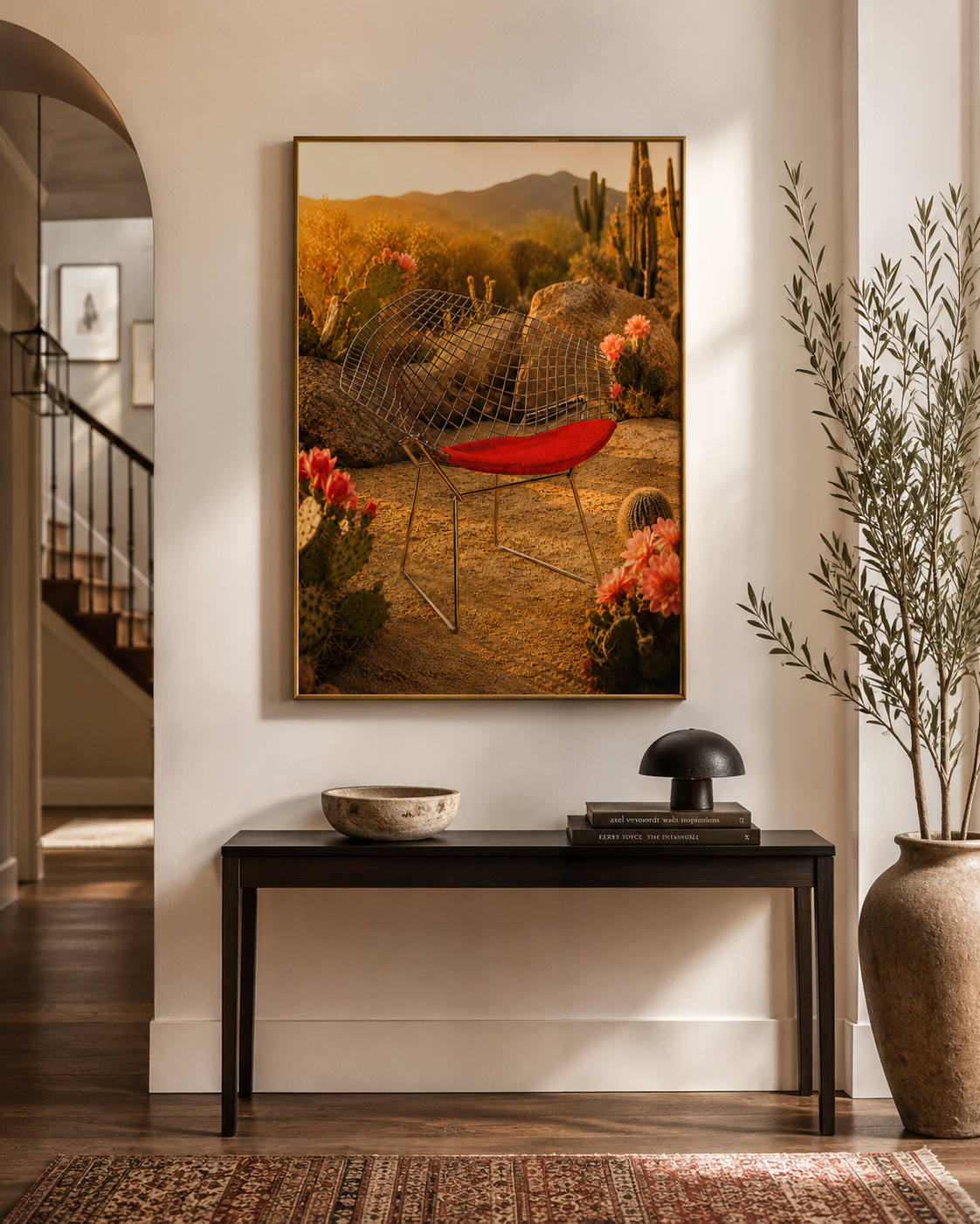 A framed art print depicting a desert landscape with a bright red wire chair, displayed on a white wall above a black console table in a styled home interior.

A Diamond in the Desert places an icon exactly where it has no business being, and makes it look completely at home. A Bertoia Diamond Chair-inspired form, its wire-grid shell catching the last of the desert light, sits among saguaro cacti and flowering prickly pear in a landscape of burnt amber, terracotta and deep dusty gold. The red seat pad is th