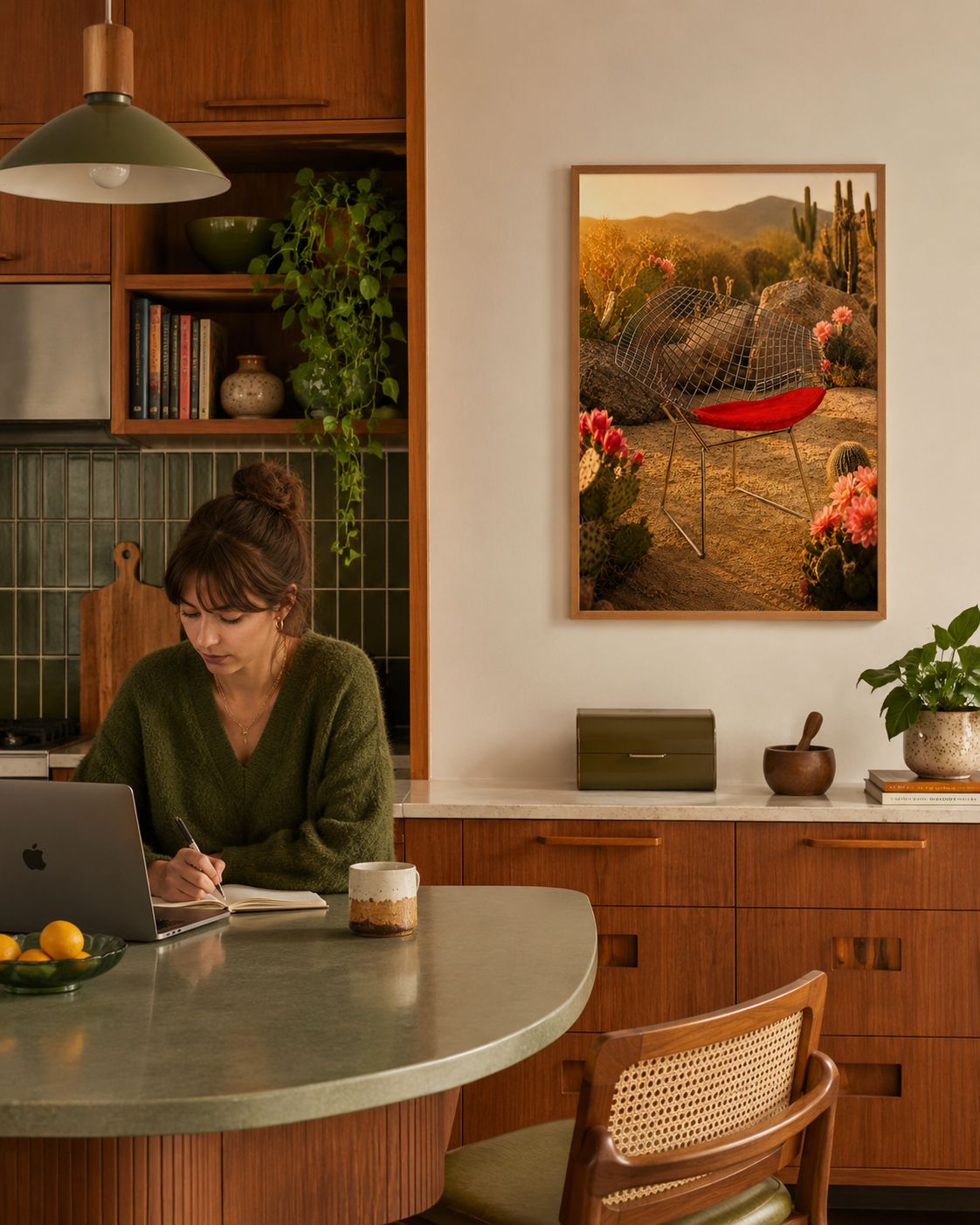 A framed art print depicting a desert cactus landscape with a red chair hangs on a white wall in a modern kitchen setting where a woman is seated at a wooden table.

A Diamond in the Desert places an icon exactly where it has no business being, and makes it look completely at home. A Bertoia Diamond Chair-inspired form, its wire-grid shell catching the last of the desert light, sits among saguaro cacti and flowering prickly pear in a landscape of burnt amber, terracotta and deep dusty gold. The red seat pad