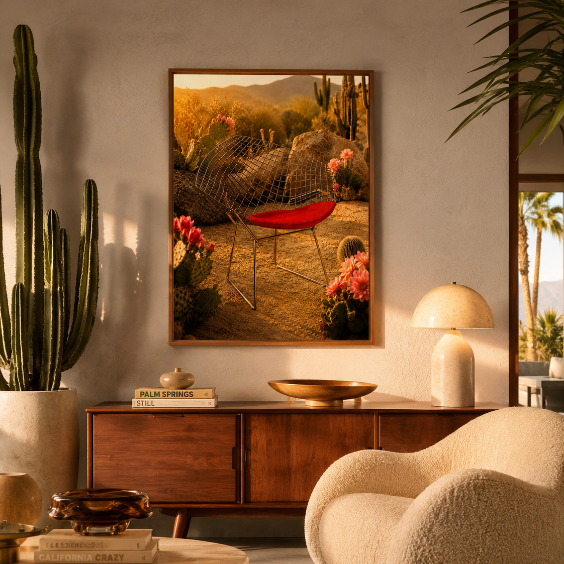 A framed art print depicting a desert landscape with a red chair and cacti, displayed on a beige wall in a modern living room setting with a wooden credenza, a cream boucle armchair, and a potted cactus.

A Diamond in the Desert places an icon exactly where it has no business being, and makes it look completely at home. A Bertoia Diamond Chair-inspired form, its wire-grid shell catching the last of the desert light, sits among saguaro cacti and flowering prickly pear in a landscape of burnt amber, terracott