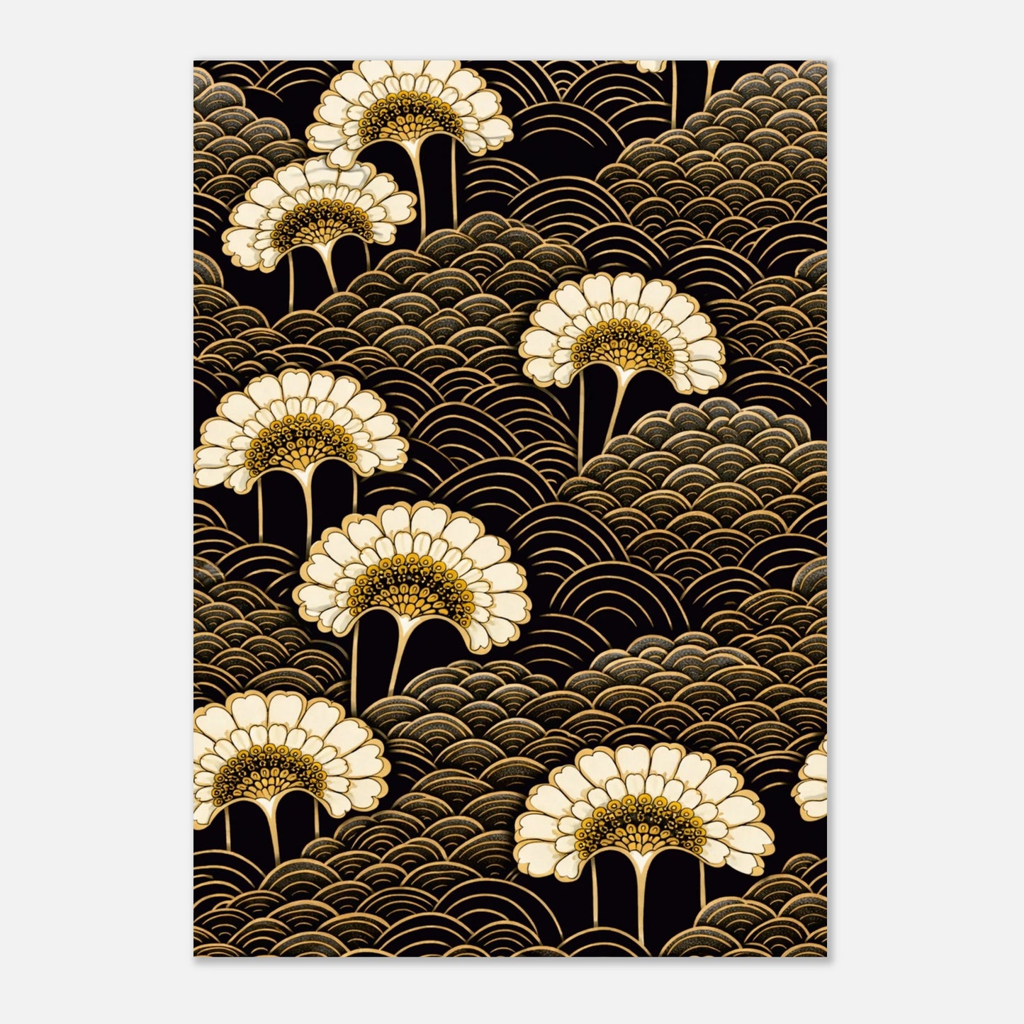 Blooming Under a Full Moon is the most immersive print in the Night Garden series. Cream and gold chrysanthemum fan blooms emerge from every corner of a dense field of dark seigaiha waves, their layered petals luminous against the black, their golden centres glowing like small moons scattered across the composition. There is no sky, no horizon, no empty space, just an endless, opulent garden in full bloom, the kind of pattern that rewards the longer you look at it.
