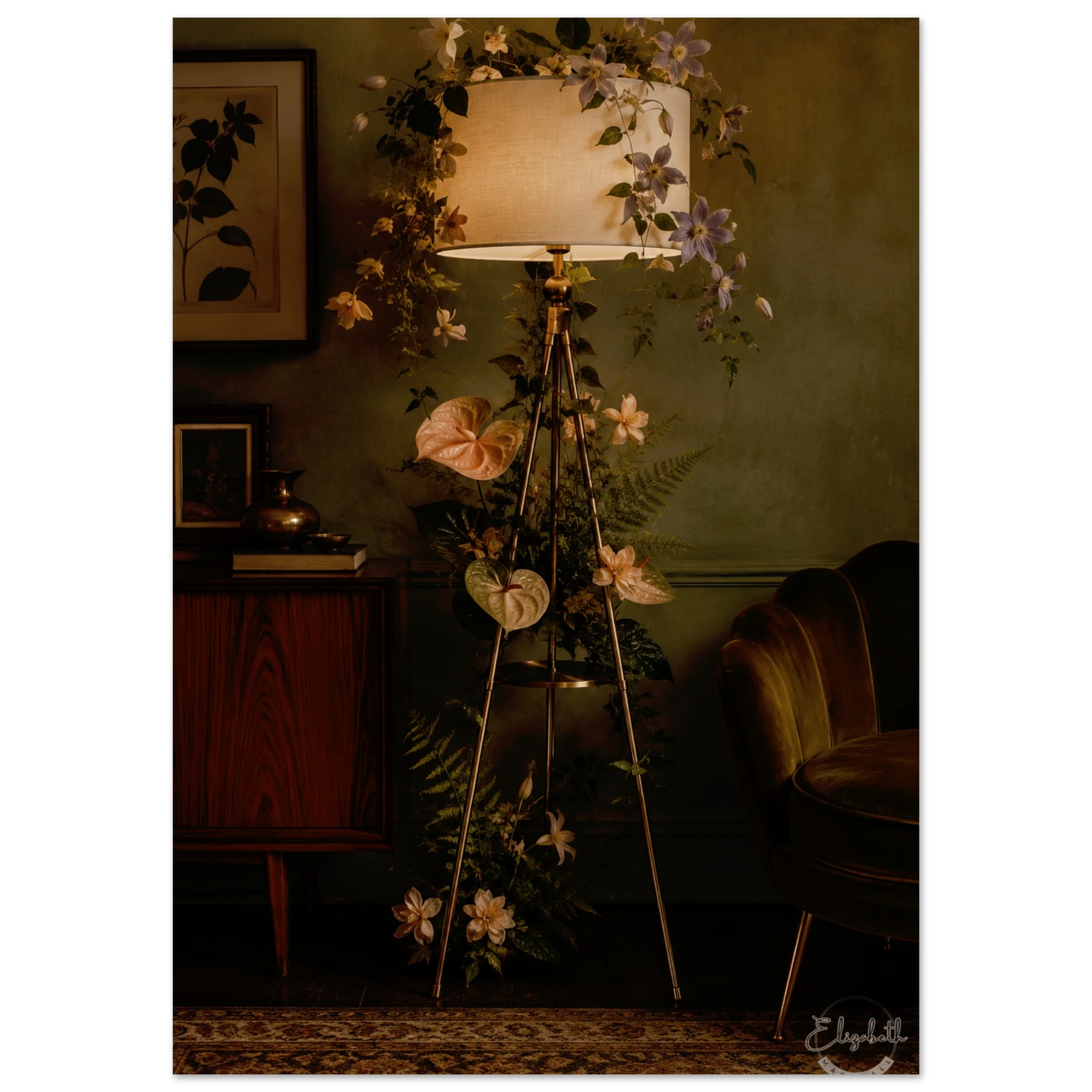 A vintage-style floor lamp with a cylindrical drum shade and three slim metal legs, decorated with climbing flowers and greenery, set in a dimly lit room with a wooden cabinet and upholstered chair.