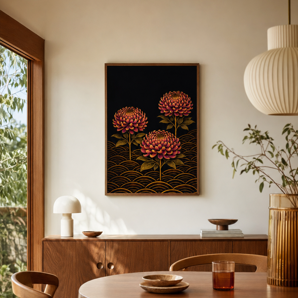 A framed wall art print featuring three red-orange flowers on a black background with gold wave details, displayed in a warm, modern dining room above a wooden sideboard and table.