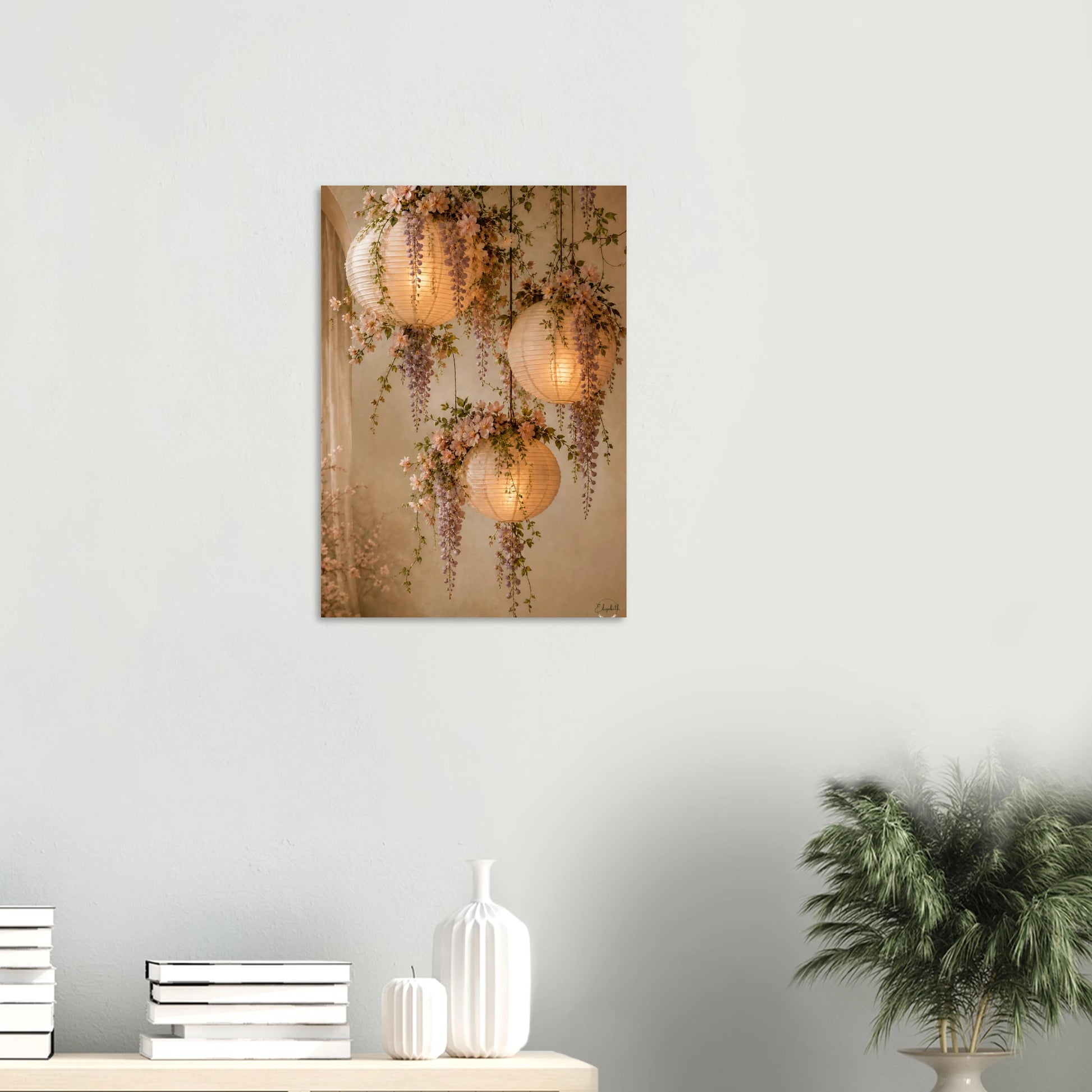 Glowing paper globe lanterns draped in botanicals. Warm amber giclee print inspired by original designs. 200gsm FSC paper. Ships worldwide.