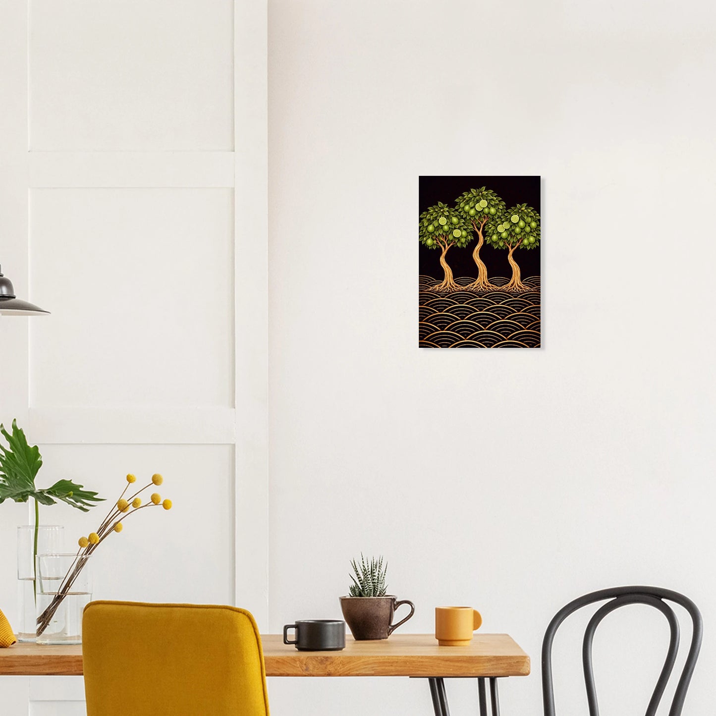 A Japanese-inspired lime tree giclée print in green, gold and black.