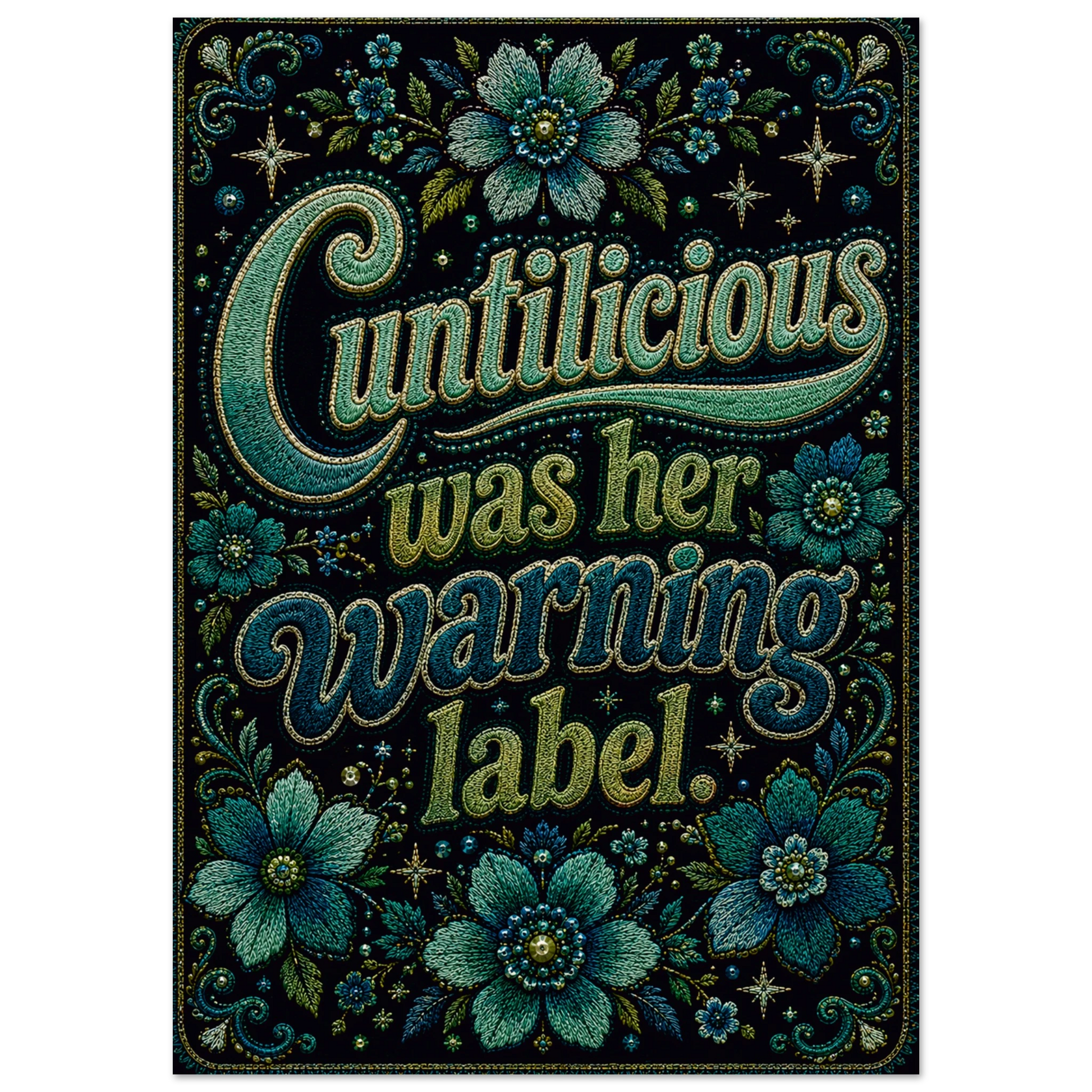 Cuntilicious was her warning label.A powerful feminist art print from the Dangerous Women series by Elizabeth Marshall. This piece combines retro colours and vintage-style lettering to create a statement print about resilience, survival and becoming yourself again. Taking back the C word from slur to delicious, one art print at a time!