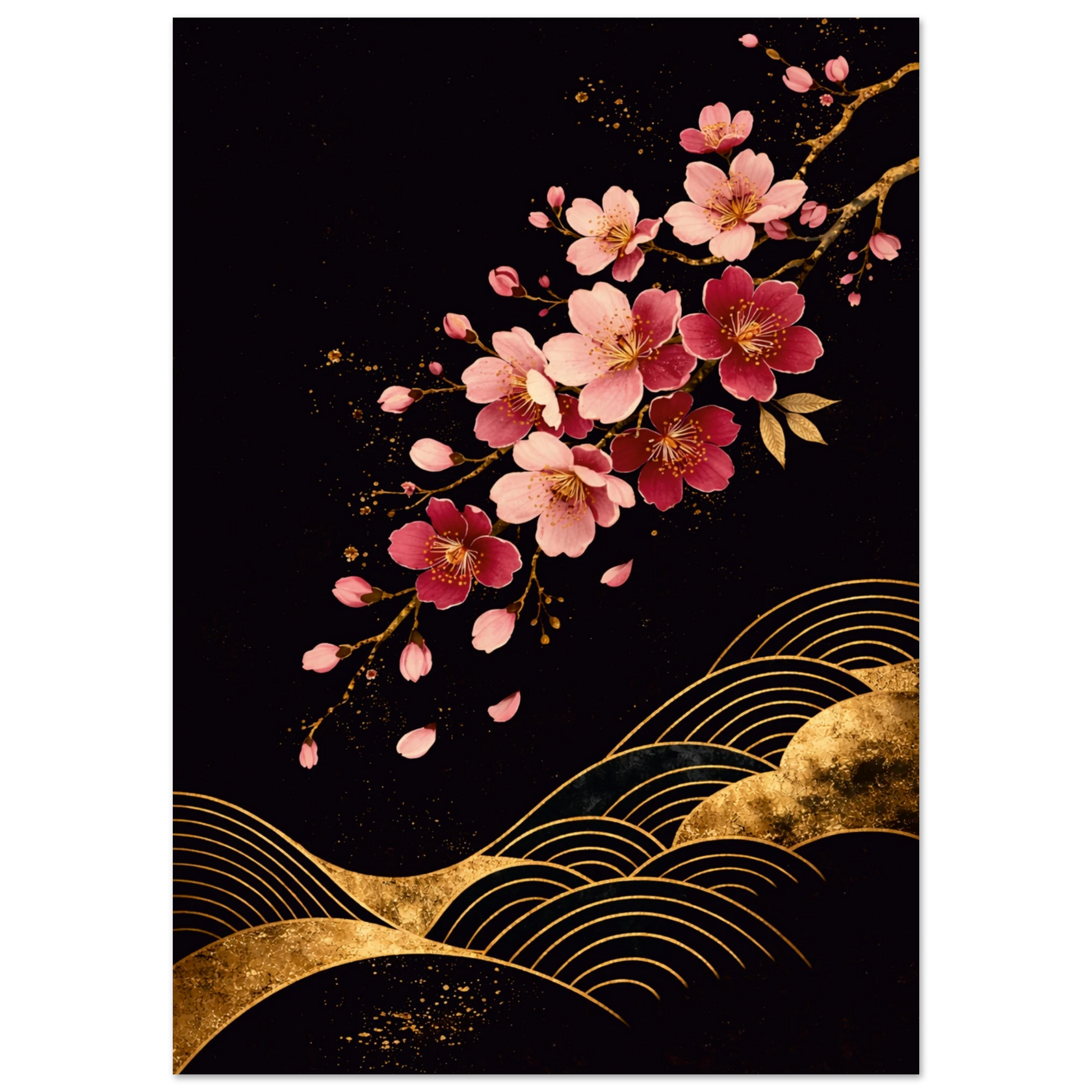 A vertical art print featuring pink cherry blossom branches with gold accents on a textured black background, styled with traditional Japanese wave patterns.