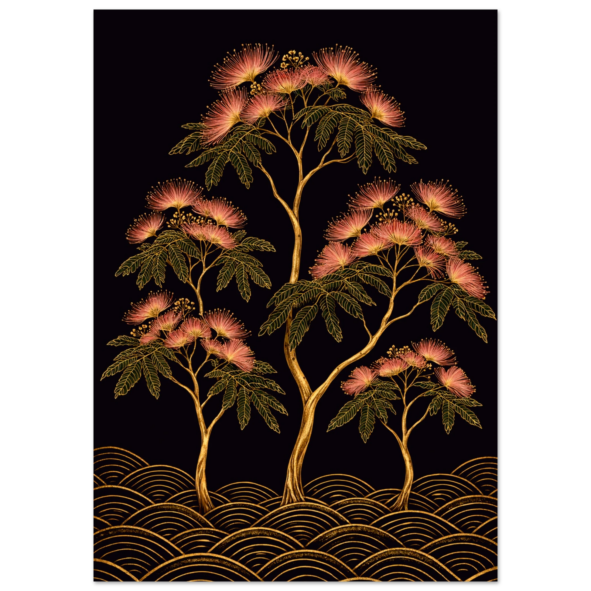 A vertical art print featuring three stylized trees with pink flower clusters and green leaves on a black background, with gold wave patterns along the bottom.