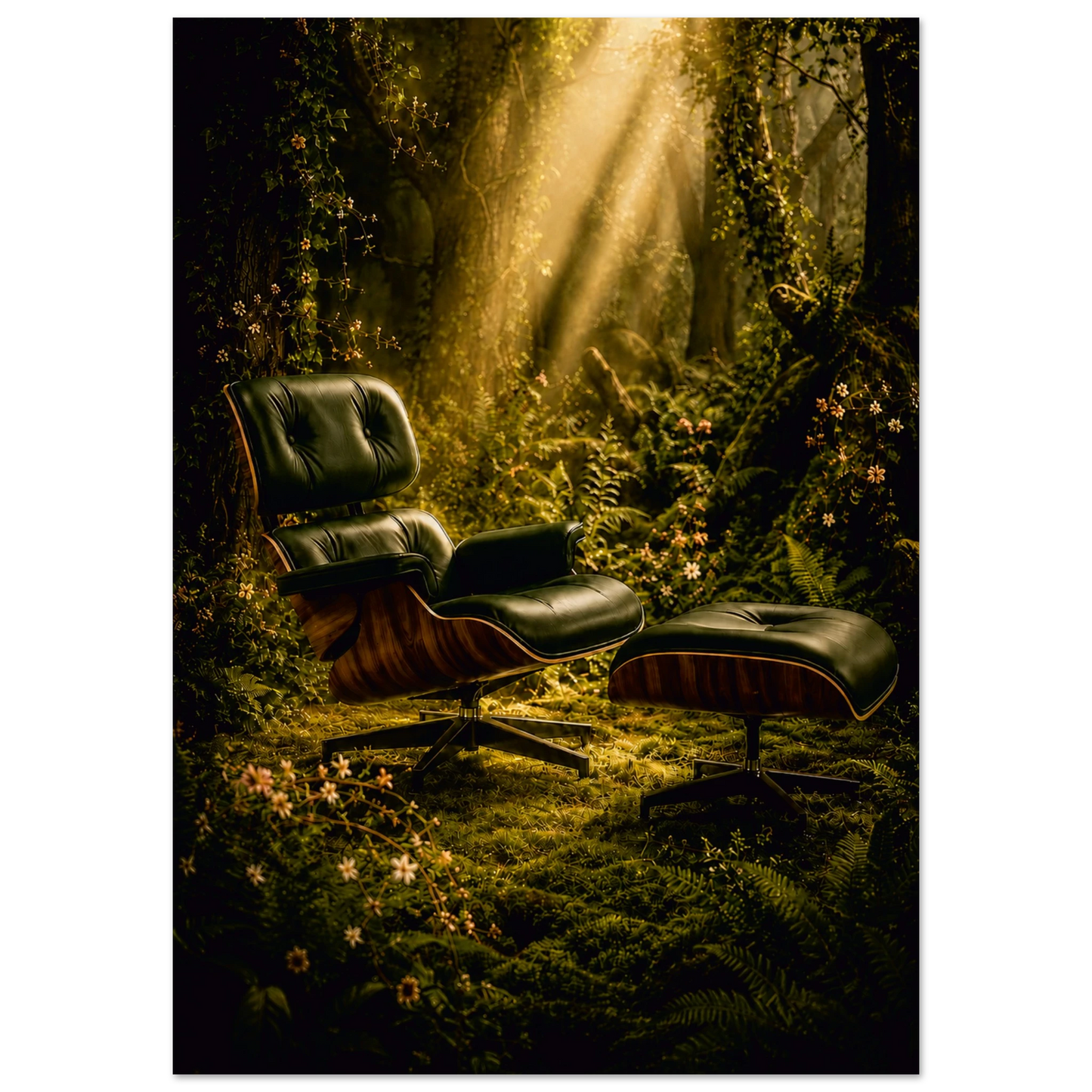 Going Off Grid was always the plan. An Eames Lounge Chair and Ottoman-inspired piece, dark leather and moulded plywood shells, sits in a deep forest clearing as golden shafts of light break through the canopy above. Wildflowers and ferns press in from every side, the air is thick with green and gold, and the chair looks exactly as it should, completely at ease, entirely unbothered, and very much not taking any calls. It went off grid, and it is not coming back.