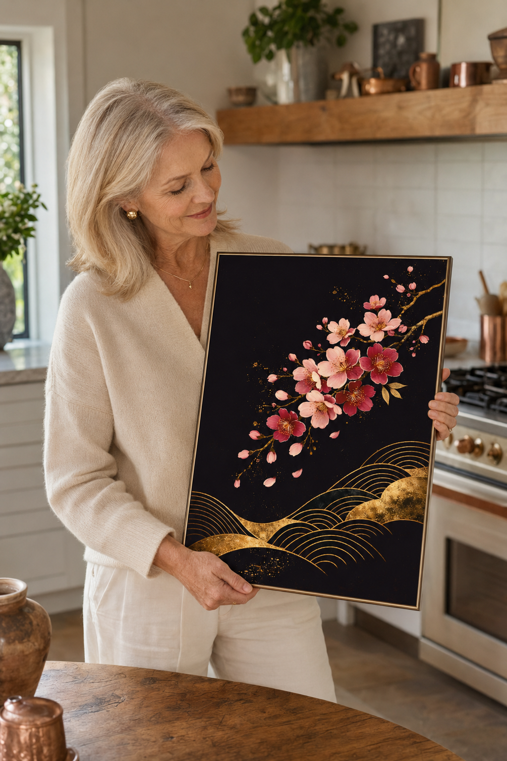 A woman in a cream-colored cardigan holds up a framed art print featuring pink cherry blossoms and gold wave patterns on a black background, set in a bright, modern kitchen.