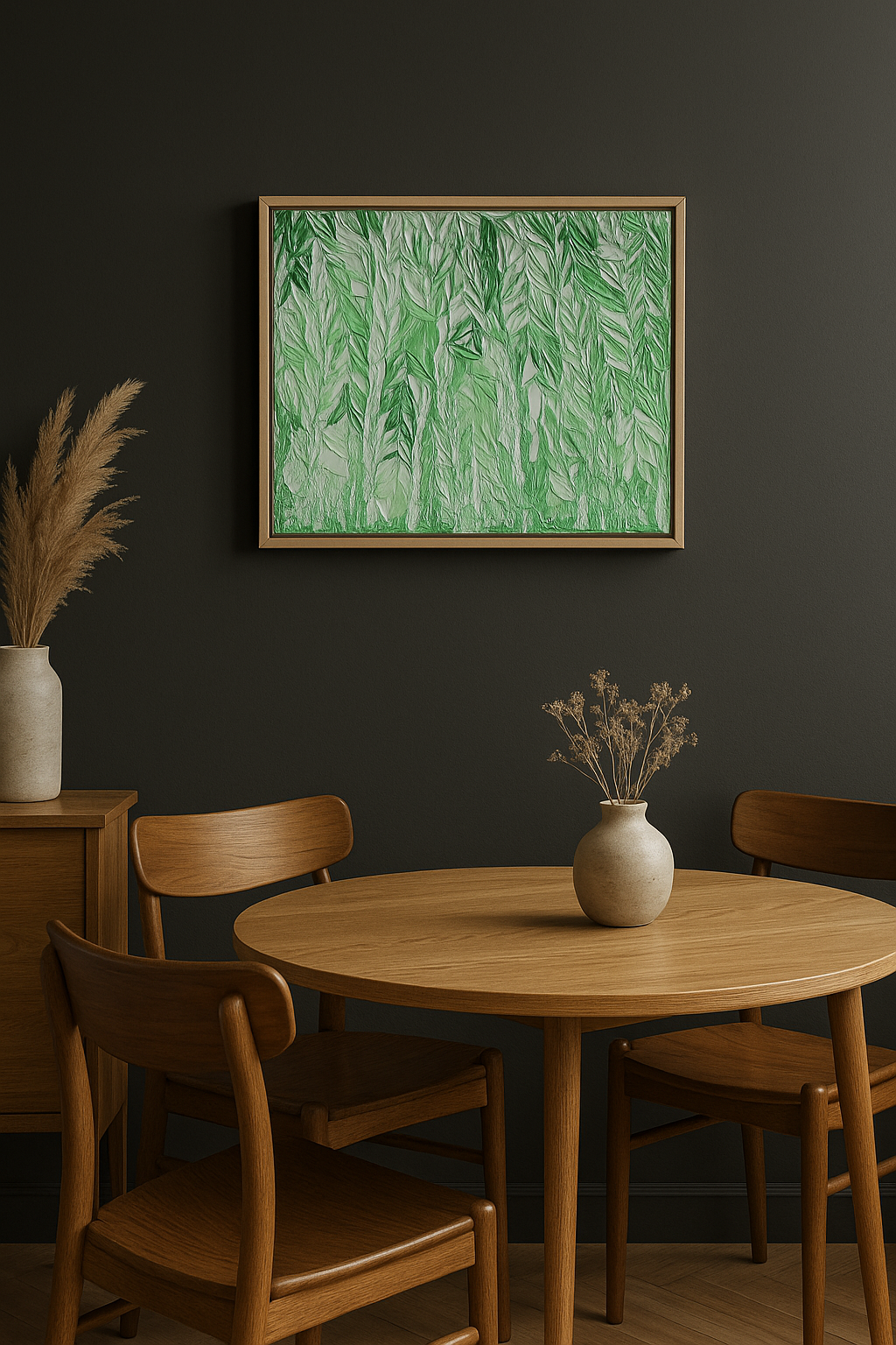 A framed green botanical art print hangs on a dark charcoal wall above a round wooden dining table and matching chairs, with a small vase of dried stems on the table and a larger vase on a sideboard to the left.