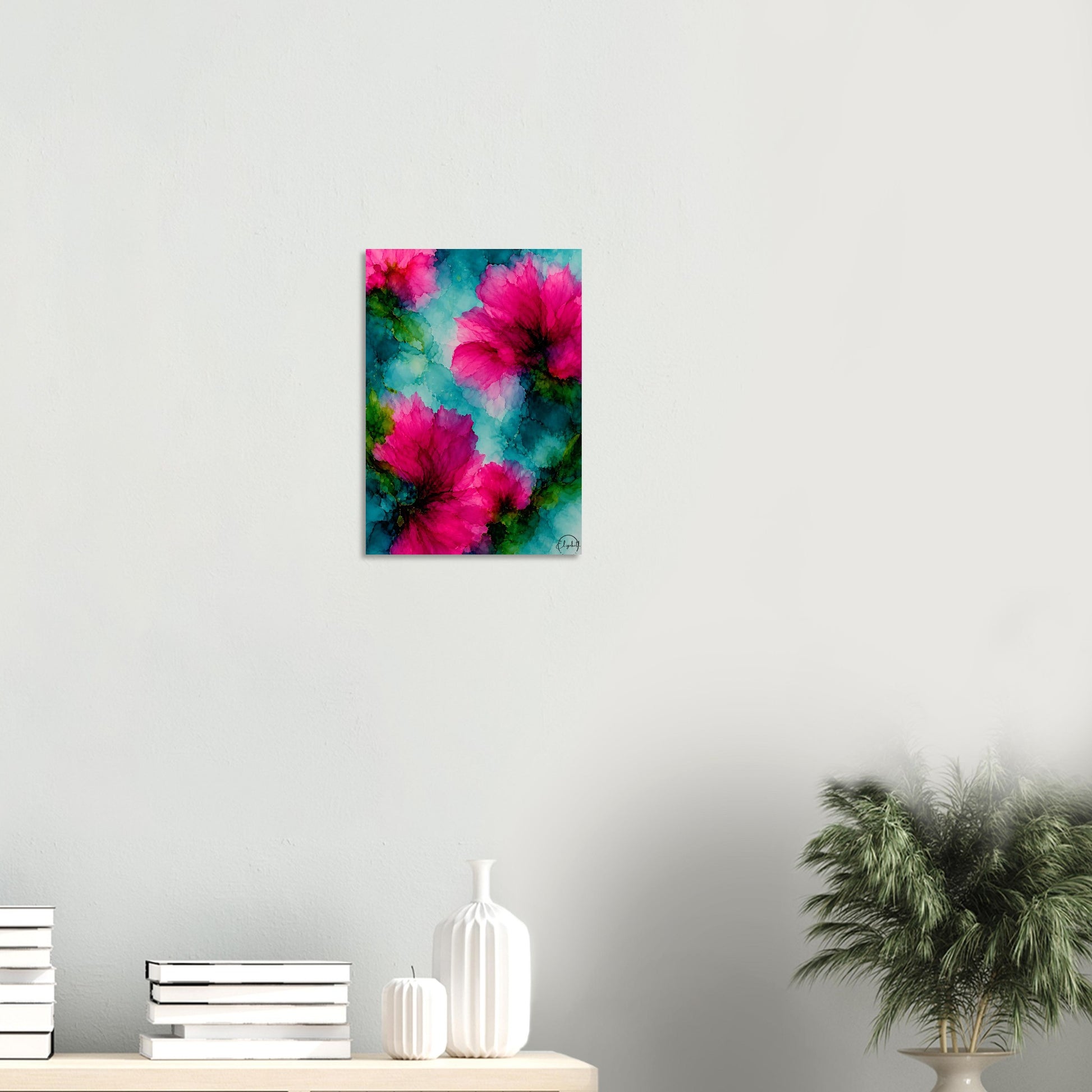 Moody floral giclee print — vivid hot pink blooms against bright aqua teal & forest green. Inspired by original alcohol ink artworks. 200gsm FSC paper.