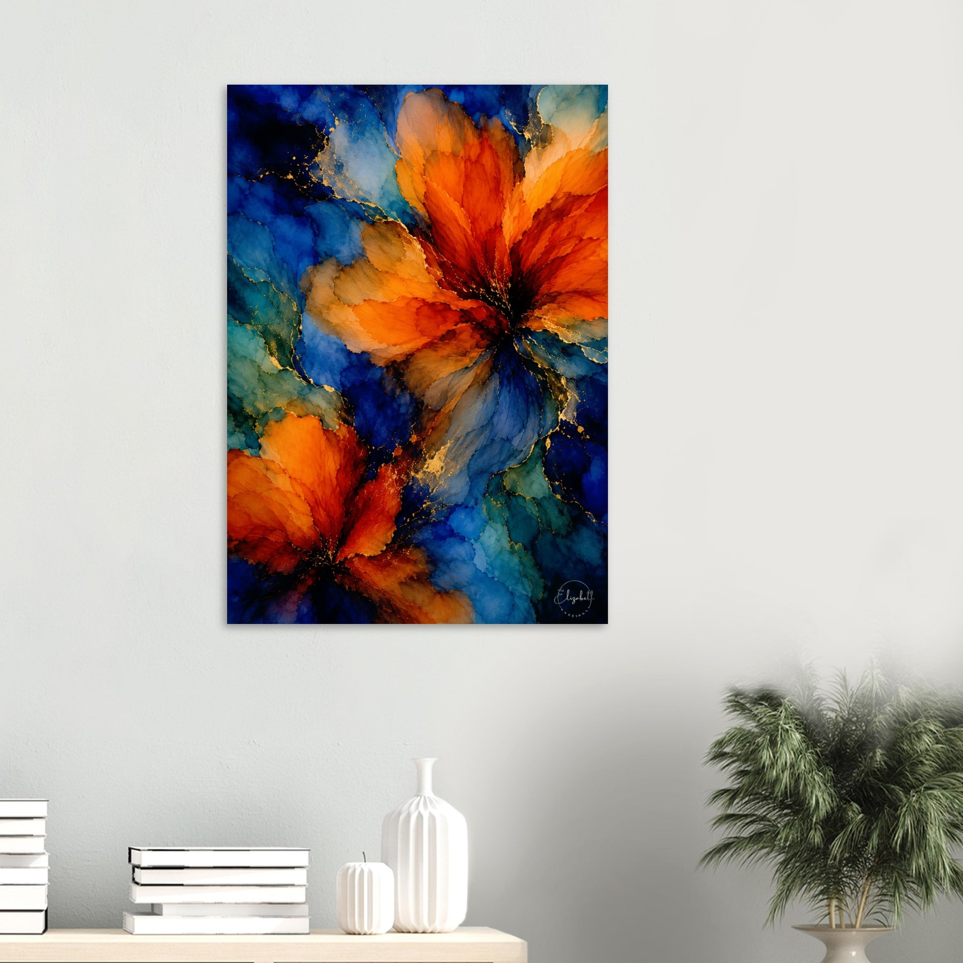 Moody floral giclee print — vivid orange & amber blooms blazing against deep cobalt blue. Inspired by original alcohol ink artworks. 200gsm FSC paper.