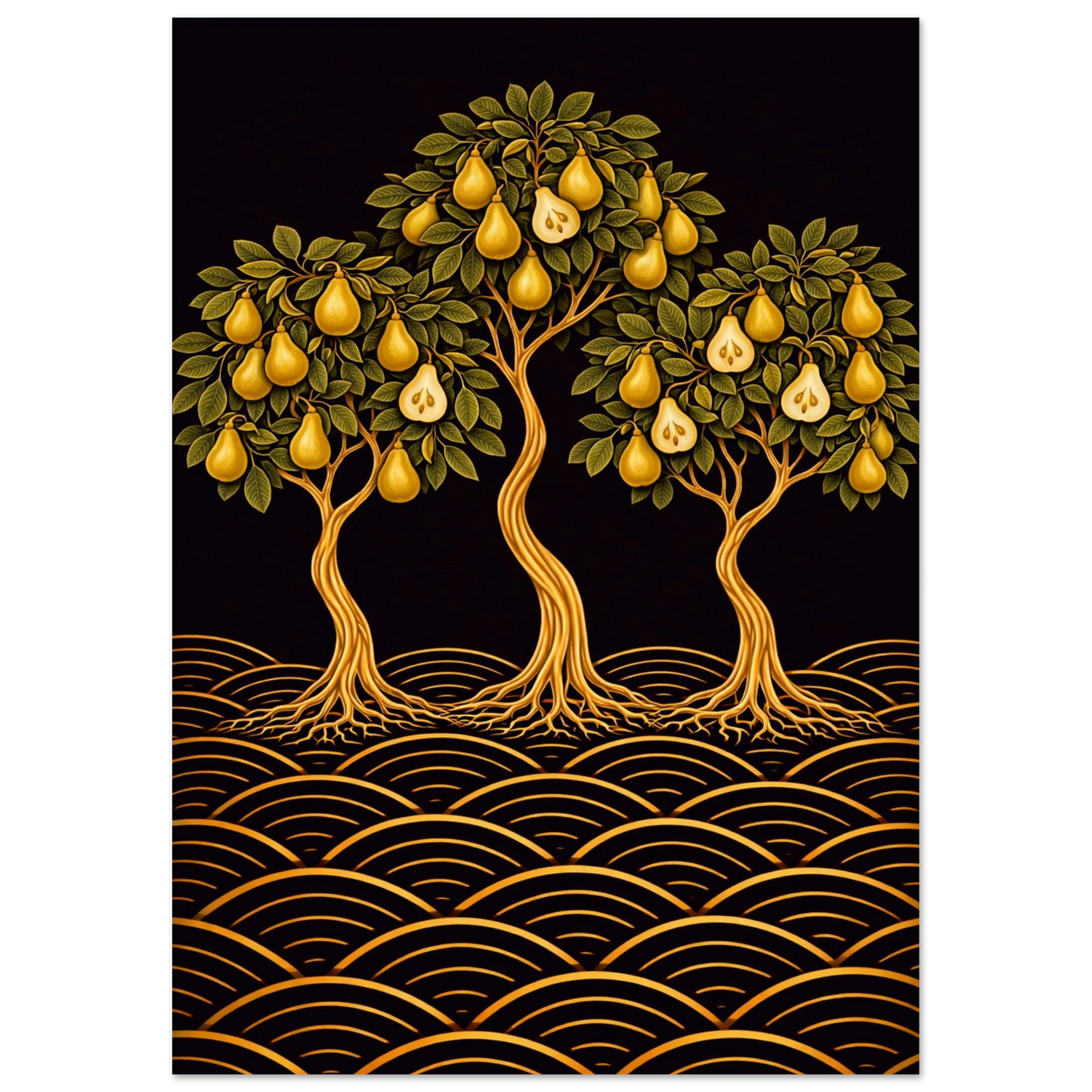 Japanese-inspired pear tree fine art print. Three sculptural pear trees with golden fruit on a rich dark background with wave patterns. Blends botanical illustration, Art Nouveau and Japandi design. 