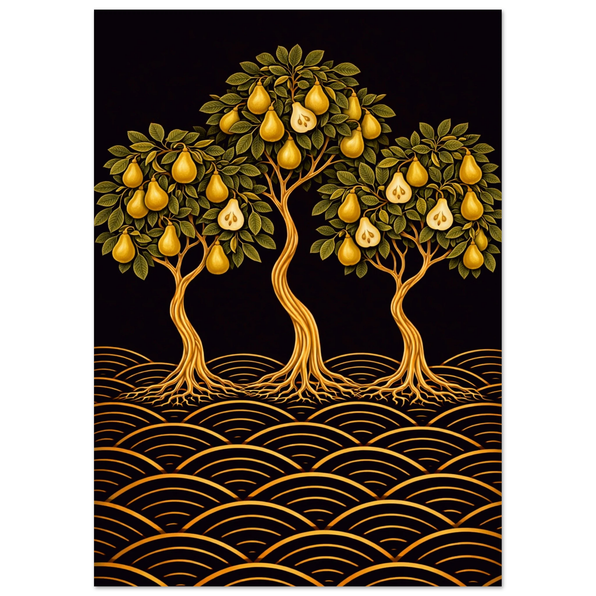 Japanese-inspired pear tree fine art print. Three sculptural pear trees with golden fruit on a rich dark background with wave patterns. Blends botanical illustration, Art Nouveau and Japandi design. 
