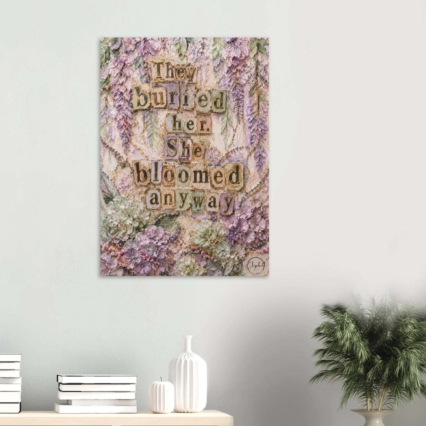 Resilient feminist wall art with pastel florals & vintage style. A powerful giclée print for strong women. Free worldwide shipping.