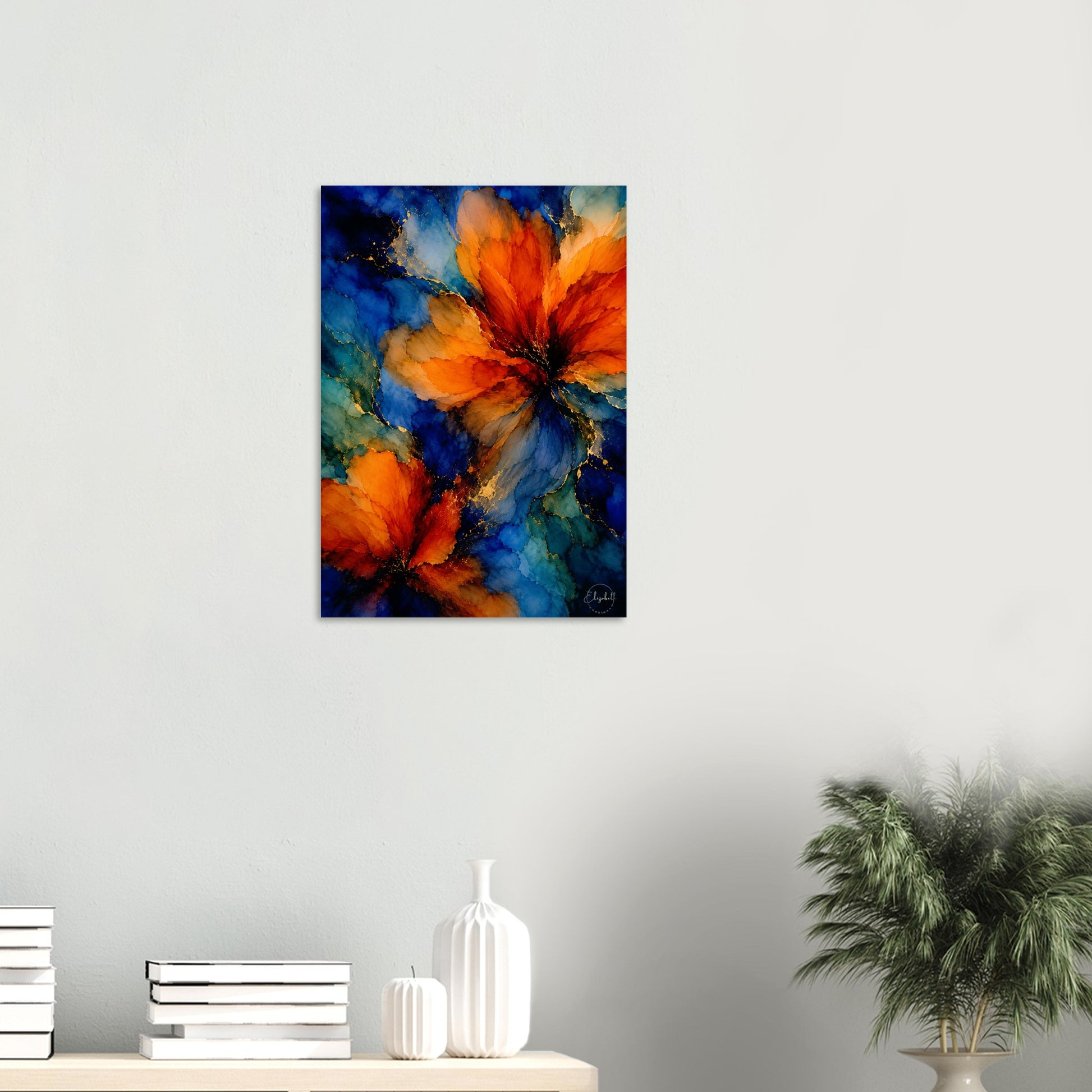 Moody floral giclee print — vivid orange & amber blooms blazing against deep cobalt blue. Inspired by original alcohol ink artworks. 200gsm FSC paper.