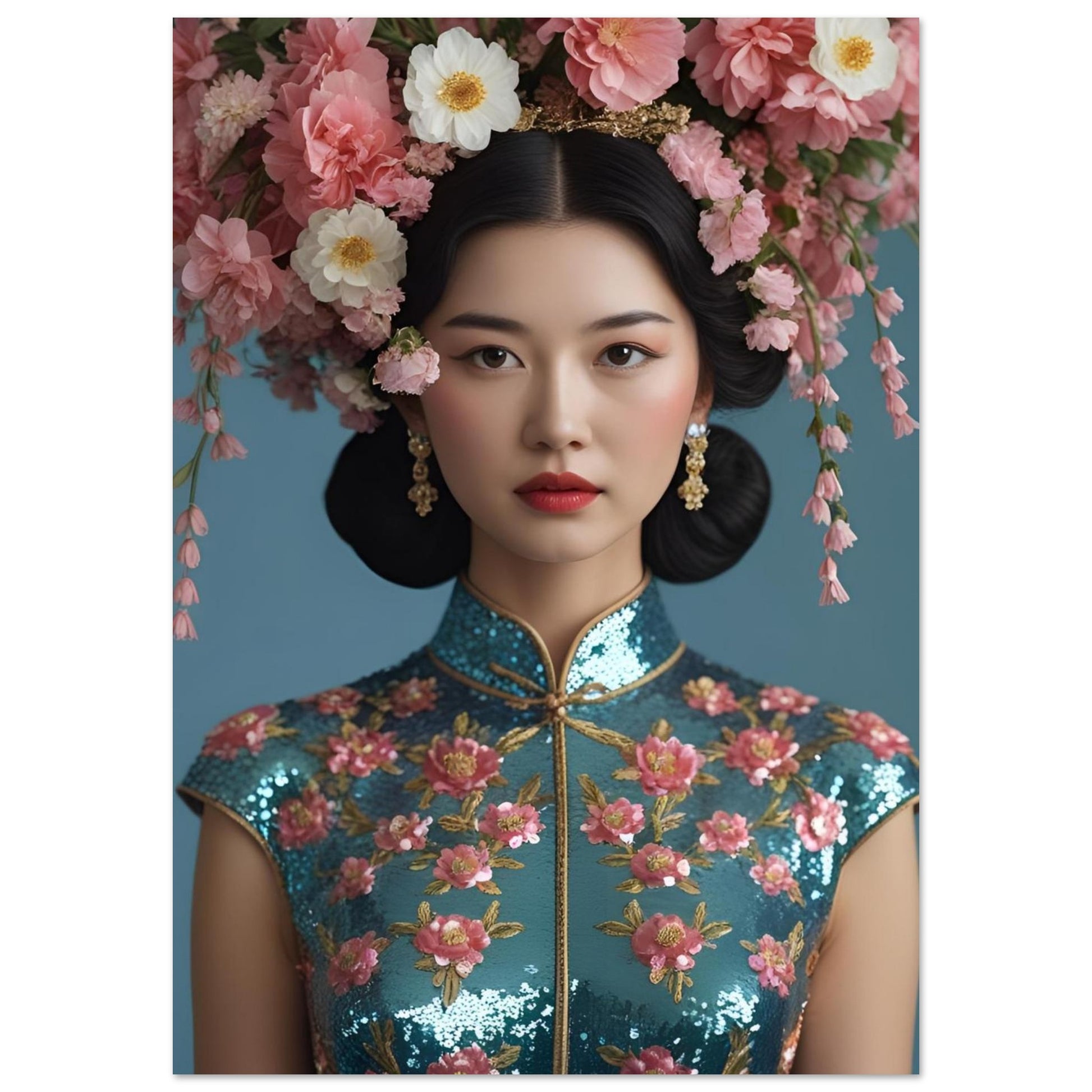 A portrait of a woman wearing a teal and pink floral embroidered cheongsam-style dress with gold trim, a large pink floral headpiece, and dangling earrings against a muted blue background.