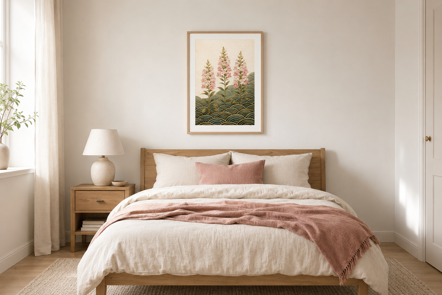 A styled bedroom scene featuring a wooden bed with white linens and a dusty pink throw blanket, positioned beneath a framed botanical art print on a warm beige wall.