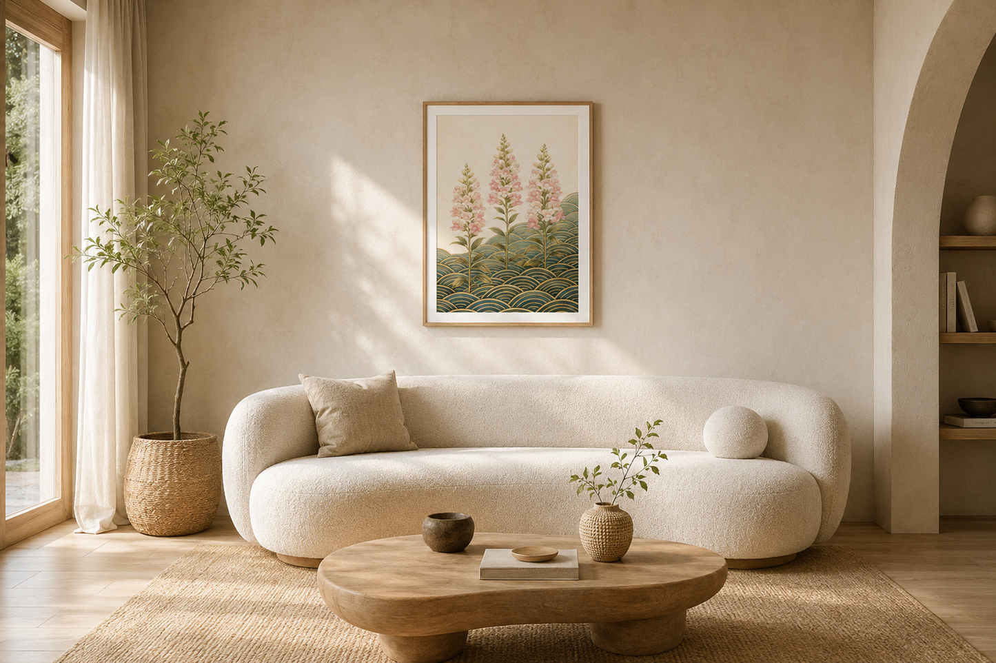 A framed botanical art print featuring pink and green flowers hangs on a beige wall above a cream-colored curved sofa in a sunlit, minimalist living room.