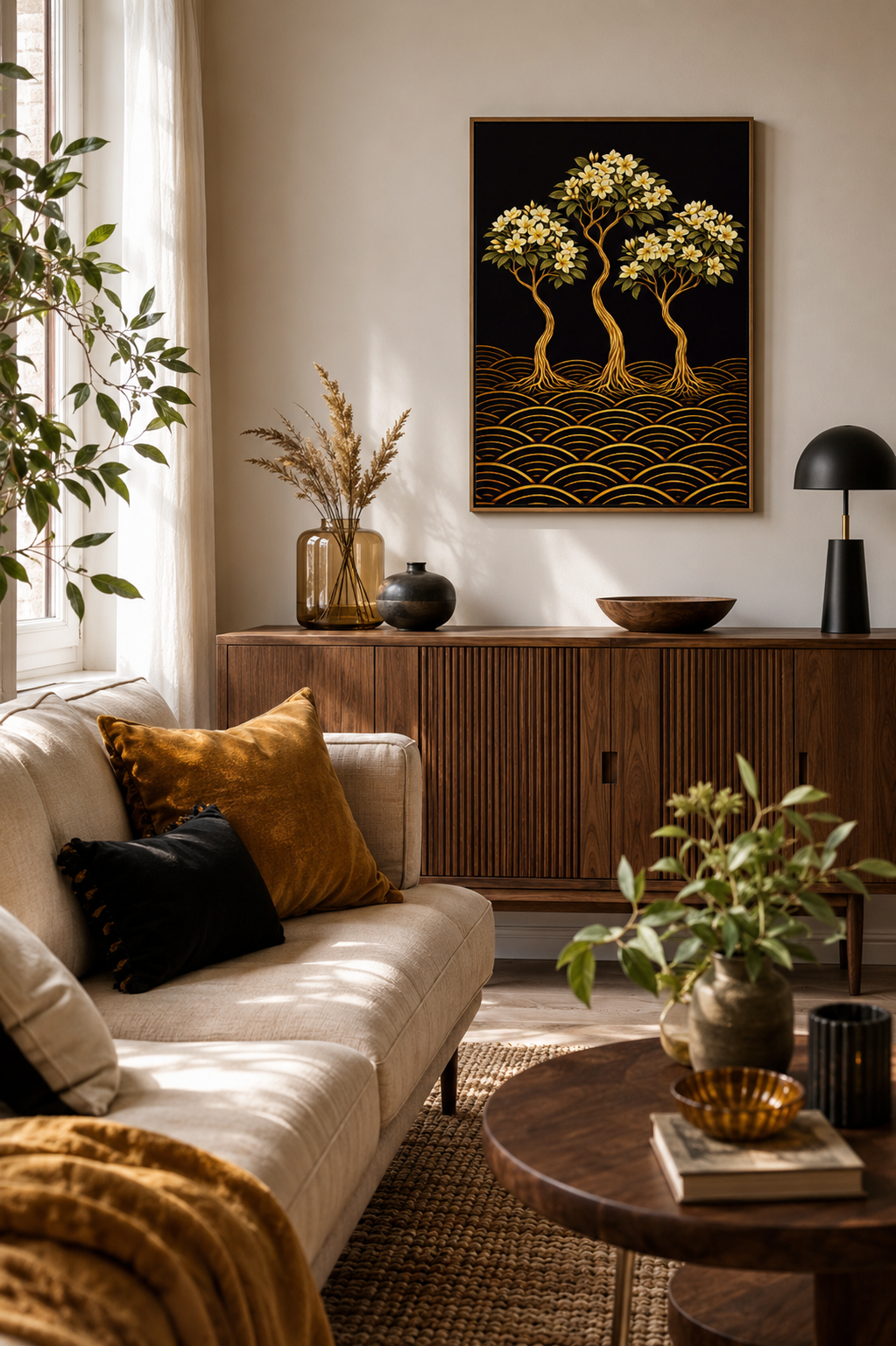 A framed wall art print featuring three stylized gold trees on a black background, displayed above a wooden sideboard in a warm, modern living room with a cream sofa, throw pillows, and plants.