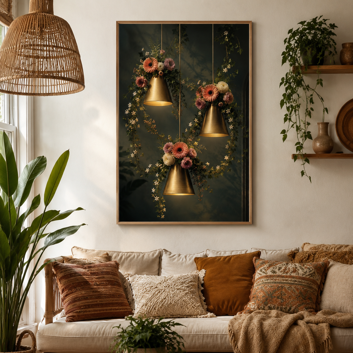 A framed wall art print featuring three hanging gold bells with pink and orange flowers against a dark background, displayed above a cozy sofa in a styled living room.